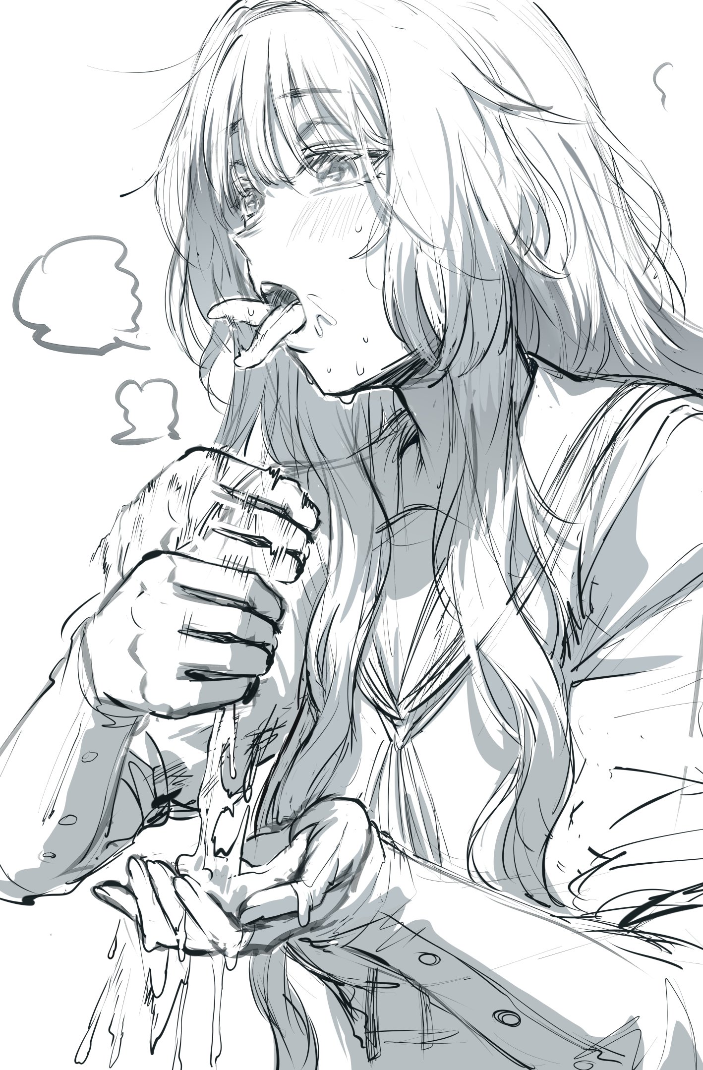 1girls, cum, cum on body, cum on hands, female, female only, greyscale, hews, hews hack, highres, implied anilingus, implied handjob, kaoru hana wa rin to saku, long hair, long sleeves, monochrome, motion lines, open mouth, sailor collar, simple background, sketch, solo, tongue, tongue out, unfinished, waguri kaoruko, white background