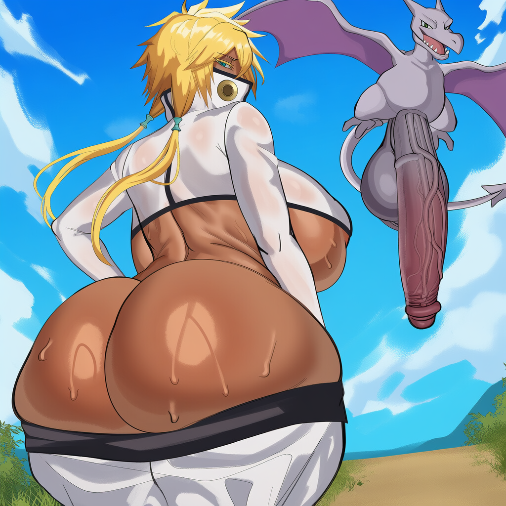 aerodactyl, ai generated, annoyed, bleach, crossover, dark-skinned female, flying, generation 1 pokemon, gigantic breasts, huge ass, huge cock, huge thighs, large ass, large penis, looking back, male pokemon/female human, massive ass, pokemon, pokemon (species), pokemon rgby, pokephilia, pokse, skimpy, skimpy clothes, sweat, thick thighs, tier harribel, weird crossover