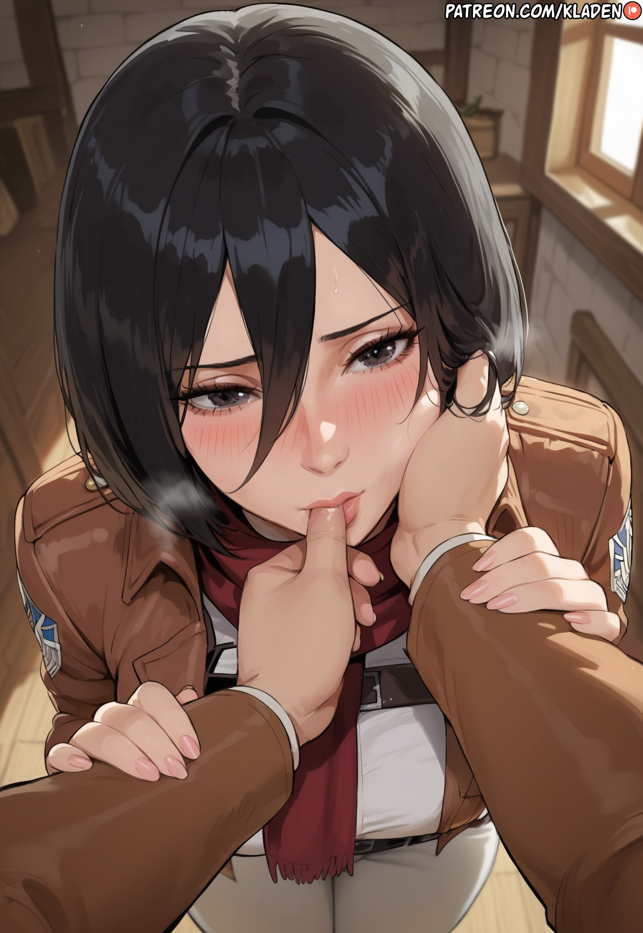 1girls, ai generated, aroused, aroused face, ass, ass bigger than head, attack on titan, before oral, before sex, big breasts, big hips, big thighs, black eyes, black hair, blush, breasts, breasts bigger than head, cheek press, clothing, curvaceous, curvy body, curvy female, curvy figure, curvy hips, embarrassed, eyelashes, female, female only, femsub, finger in another's mouth, finger in mouth, finger sucking, from above, front view, full body, grabbing, hair between eyes, hands together, high-angle view, hips, horny, horny female, hourglass figure, indoors, inviting, jacket, kladen, kladenart, large ass, large breasts, large butt, large thighs, light skin, light-skinned female, lipstick, looking at viewer, male hand, male/female, maledom, mature female, mikasa ackerman, milf, mommy, nails, nervous, no sex, pale skin, pale-skinned female, paradis military uniform, parted lips, pov, puffy lips, scarf, seductive, seductive eyes, seductive look, seductive pose, shiny skin, short hair, shy, skin tight, solo focus, standing, submissive, submissive female, thick, thick ass, thick hips, thick thighs, thigh strap, thumb in mouth, tight fit, uniform, unseen character, voluptuous, voluptuous female, voluptuous teenager, wide ass, wide hips, wide thighs, wife, wife material
