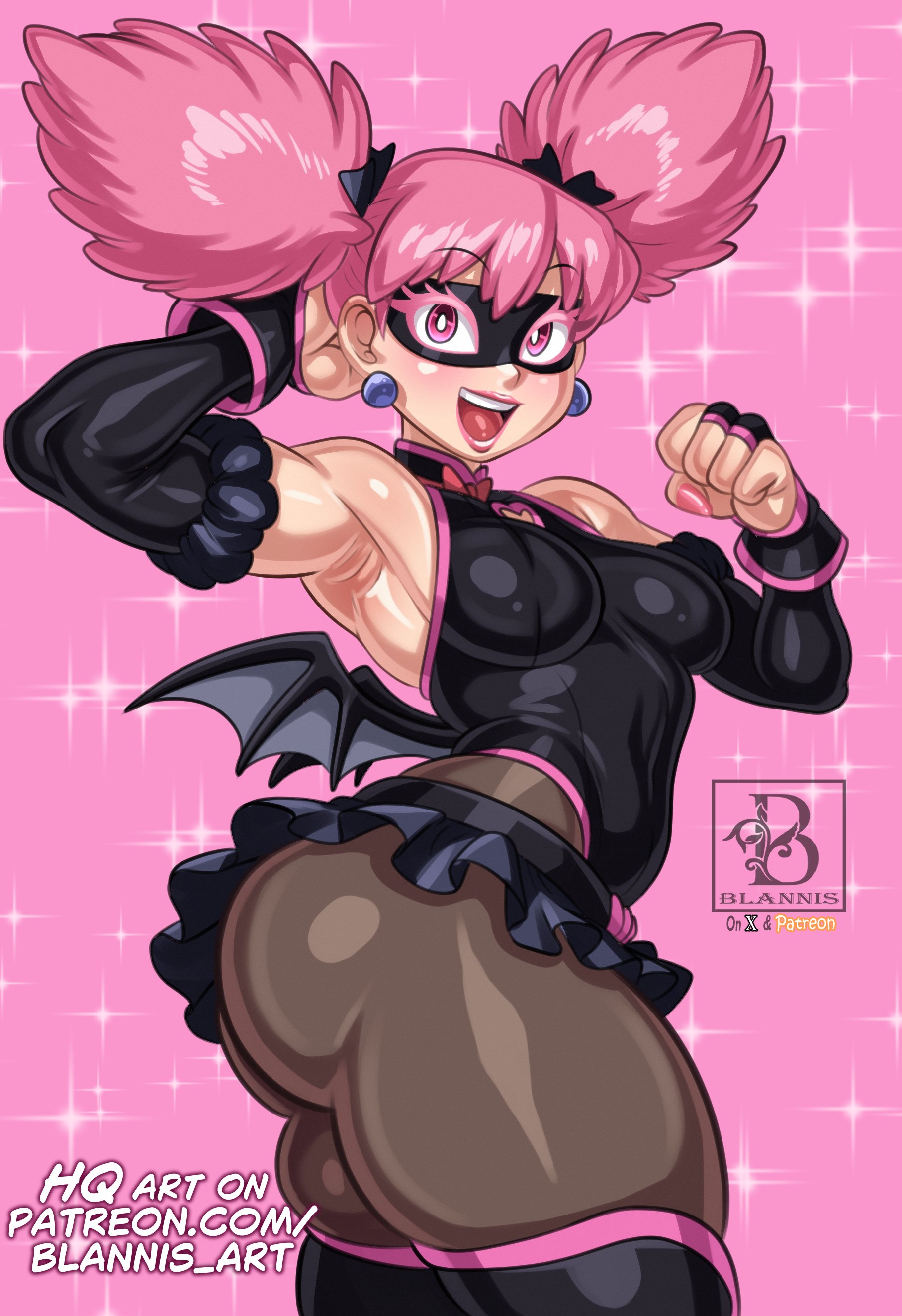 1girls, alternate version available, armwear, ass, backless leotard, bat wings, big ass, black leotard, black skirt, blannis art, breasts, domino mask, eyewear, female, female only, hair, hand behind head, haneyama kazuho, leggings, legs, legwear, leotard, medium breasts, my hero academia, pink eyelashes, pink eyes, pink hair, pop step, short skirt, skirt, smile, solo, solo female, sparkles, thick thighs, thighs, twin drills, twintails, vigilante: my hero academia illegals, wings
