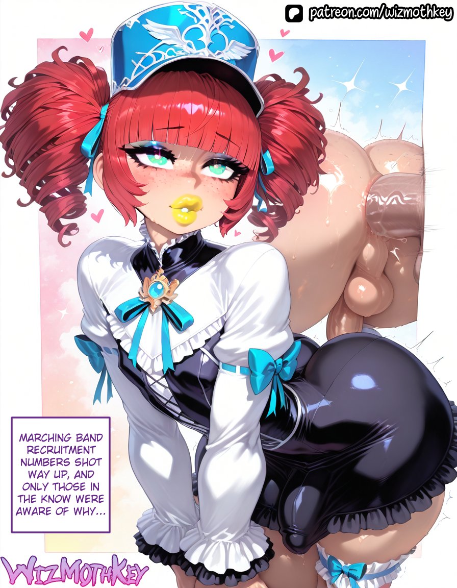 ai generated, anal, anal sex, ass, ball bulge, bangs, blush, bulge, bulge through clothing, caption, condom, cum, dress, english text, erection, eyebrows visible through hair, eyelashes, eyeshadow, femboy, freckles, frills, green eyes, hat, heart, jewelry, lipstick, looking at viewer, male, male focus, marching band uniform, multiple boys, otoko no ko, penis, penis bulge, puffy lips, red hair, shiny, solo focus, testicles, thighhighs, trap, wizmothkey, yaoi, yellow lipstick