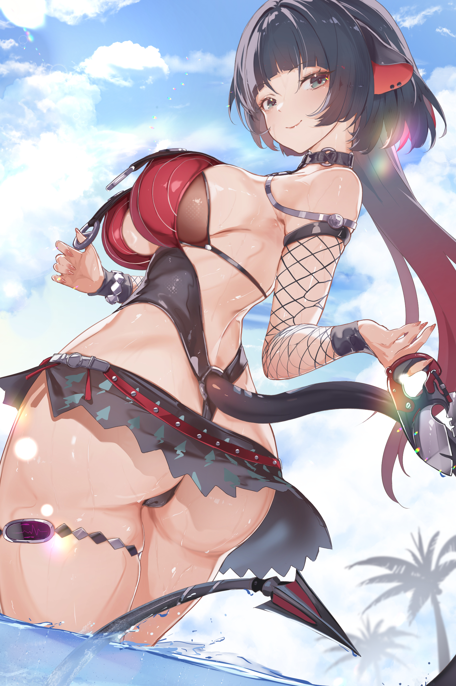 1girls, animal ears, ass, bare shoulders, belt, black hair, blue sky, blush, breast curtains, breasts, choker, commentary request, detached sleeves, female, female only, fishnet sleeves, fishnets, grey eyes, highleg, highleg one-piece swimsuit, highres, jane doe (nocturne of light) (zenless zone zero), jane doe (zenless zone zero), knife, large breasts, long hair, looking at viewer, looking back, mouse ears, mouse girl, mouse tail, o-ring, official alternate costume, one-piece swimsuit, sarong, sky, smile, solo, swimsuit, tail, thighs, two-tone one-piece swimsuit, ura illust, water, zenless zone zero