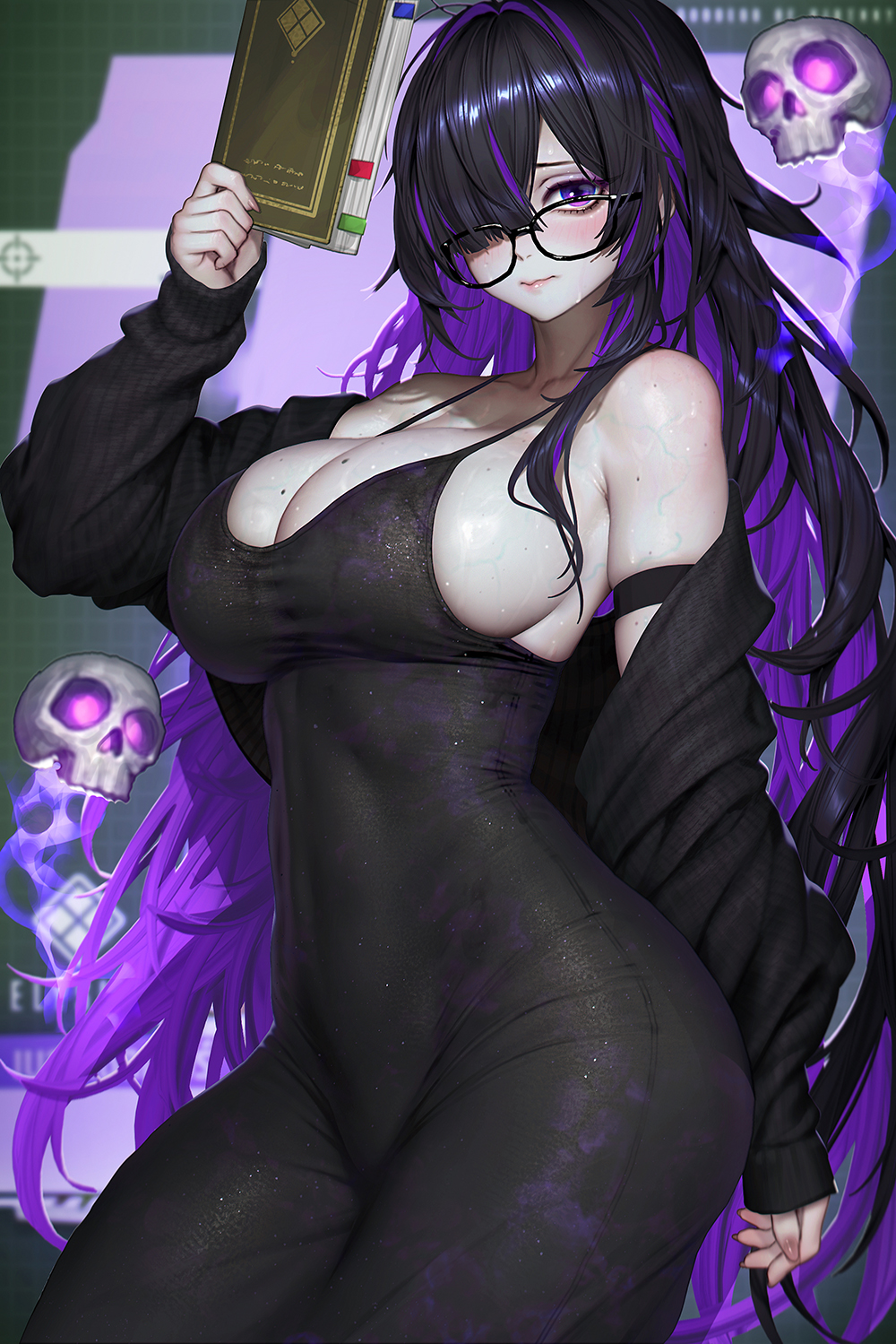 1girls, alternate version available, arm strap, big breasts, black dress, black hair, book, breasts, cleavage, clothing, dress, eyewear, female, female only, glasses, goddess of victory: nikke, hair over one eye, hips, holding book, holding object, label (nikke), long hair, neoartcore, purple eyes, purple hair, skull, solo, solo female, thick thighs, thighs, two-tone hair