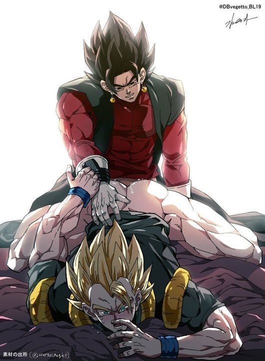 anal anal_sex ass bed blue_eyes blush brown_hair colored dragon_ball dragon_ball_z earrings fighter fusion gay gloves gogeta goku_ultra_instinto gold_hair male male_only male_penetrating muscles muscular muscular_male partially_clothed sex super_saiyan vegito yaoi