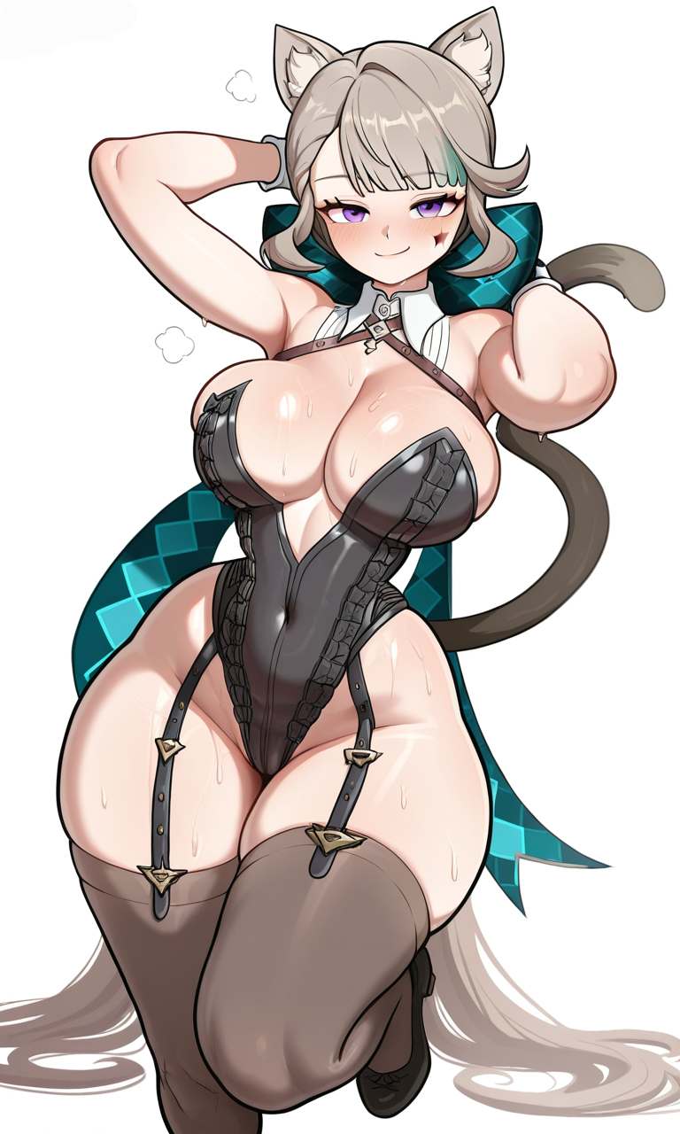 ahe gao, ai generated, arms behind head, big breasts, black corset, black leotard, blush, brown thighhighs, cat ears, cat tail, catgirl, cum, cum drip, cum on body, cum on breasts, cum on face, detached sleeves, drool, female, from above, genshin impact, gloves, gray hair, half-closed eyes, harness, highres, huge breasts, looking up, lynette (genshin impact), mrcornerguy, nipples, on bed, open mouth, paizuri, penis, purple eyes, short hair, sitting, solo, star cheek mark, straps, sweat, sweat on body, sweatdrop, teal plaid bow, tears, thighhighs, titjob, tongue out, veiny penis, white shirt