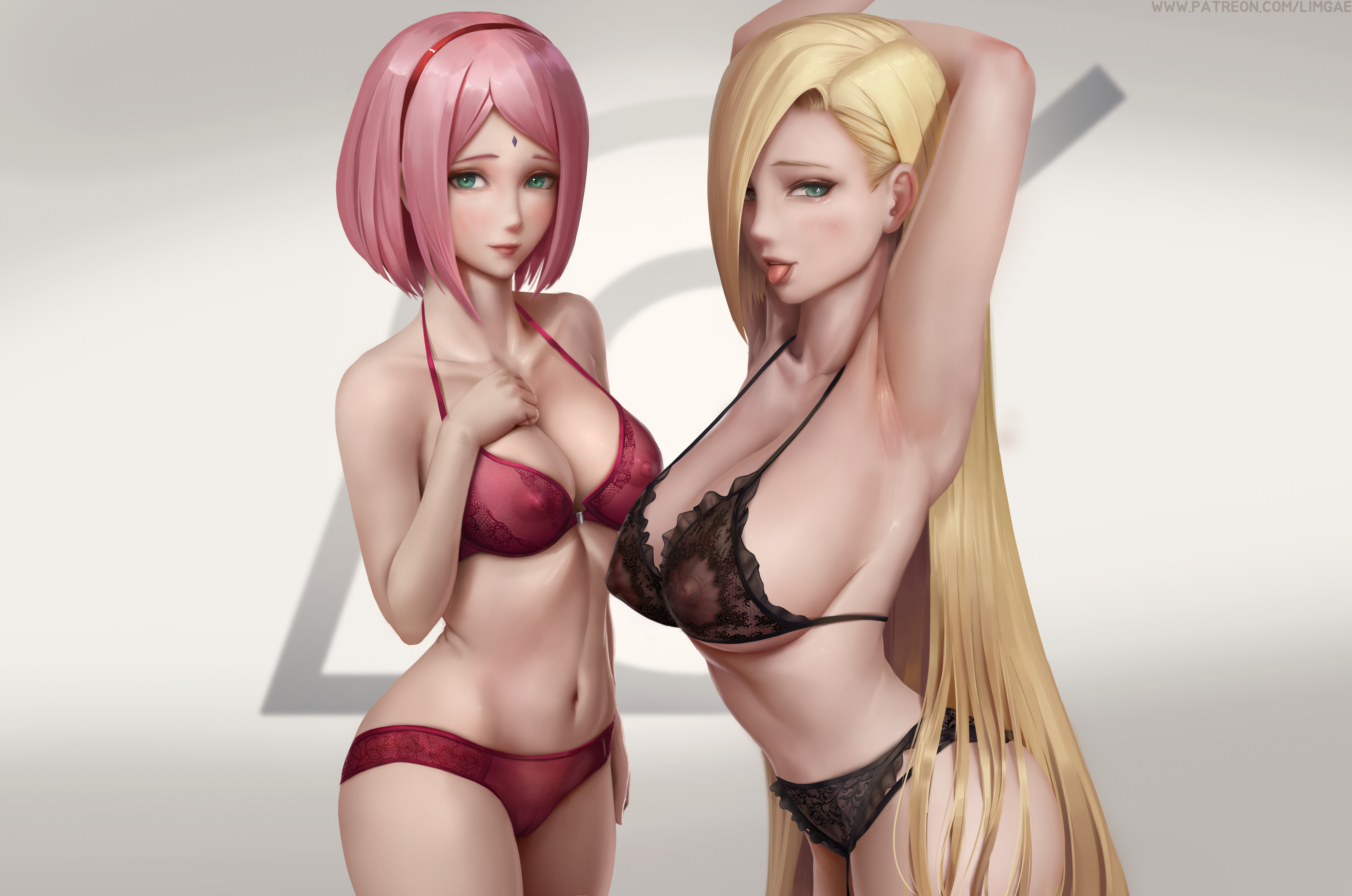 2020, 2girls, absurdres, alternate breast size, areolae, armpits, arms up, big breasts, black lingerie, black panties, blonde hair, blue eyes, blush, boruto: naruto next generations, bra, breasts, clavicle, female, female focus, female only, forehead mark, green eyes, high resolution, highres, huge breasts, ino yamanaka, large breasts, limgae, lingerie, looking at viewer, naruto, naruto (series), naruto shippuden, navel, nipples, partially clothed, patreon, patreon reward, patreon username, pink hair, red lingerie, red panties, sakura haruno, see-through, short hair, tongue, tongue out, underwear, url