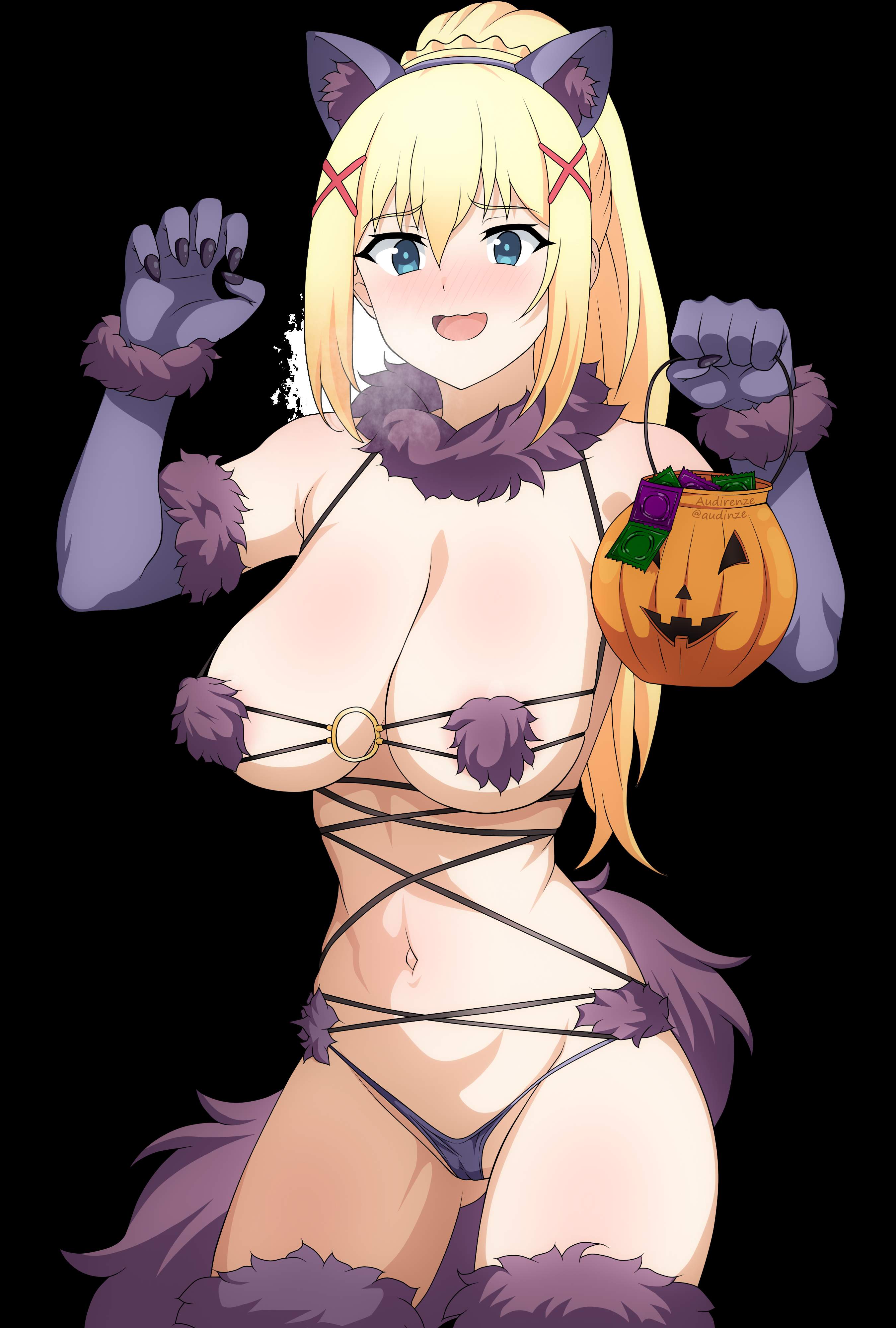 1girls, 2d, 2d (artwork), 2d artwork, arm up, arms up, ass visible through thighs, audirenze, bare armpits, bare belly, bare chest, bare hips, bare midriff, bare navel, bare shoulders, bare skin, bare thighs, belly, belly button, big breasts, bikini, bikini bottom, bikini top, blonde female, blonde hair, blonde-haired female, blue eyes, blue-eyed female, blush, blush face, blushing at viewer, blushing female, breasts, busty, busty female, busty girl, collarbone, condom packet strip, condom wrapper, curvaceous, curvaceous body, curvaceous female, curvaceous figure, curvaceous hips, curvy, curvy body, curvy female, curvy figure, curvy hips, darkness (konosuba), digital, digital art, digital drawing, digital drawing (artwork), digital media, digital media (artwork), drawing, elbow gloves, elbows, embarrassed, embarrassed expression, embarrassed female, exposed armpits, exposed belly, exposed chest, exposed hips, exposed midriff, exposed navel, exposed shoulders, exposed skin, exposed thighs, eyebrows visible through hair, female, female focus, female only, fingers, flustered, flustered female, gloves, groin, hair between eyes, half naked, half nude, halloween, halloween costume, halterneck, hand up, hands up, high resolution, highres, hourglass figure, huge boobs, huge breasts, kono subarashii sekai ni shukufuku wo!, konosuba, large boobs, large breasts, lean figure, legwear, long gloves, long hair, looking at viewer, micro bikini, midriff, narrow waist, navel, open mouth, open mouth smile, parted lips, plump breasts, ponytail, posing, posing for the viewer, purple bikini, purple bikini bottom, purple bikini top, purple elbow gloves, purple gloves, purple legwear, purple long gloves, purple stockings, purple string bikini, purple swimsuit, purple swimwear, purple thigh highs, purple thighhighs, semi nude, shoulders, sidelocks, simple background, slender body, slender waist, slim waist, smile, smiley face, smiling, smiling at viewer, solo, standing, stockings, string bikini, swimsuit, swimwear, thick thighs, thigh gap, thigh highs, thighhighs, thighs, thong bikini, tongue, upper body, white background, wide hips, yellow hair, yellow-haired female