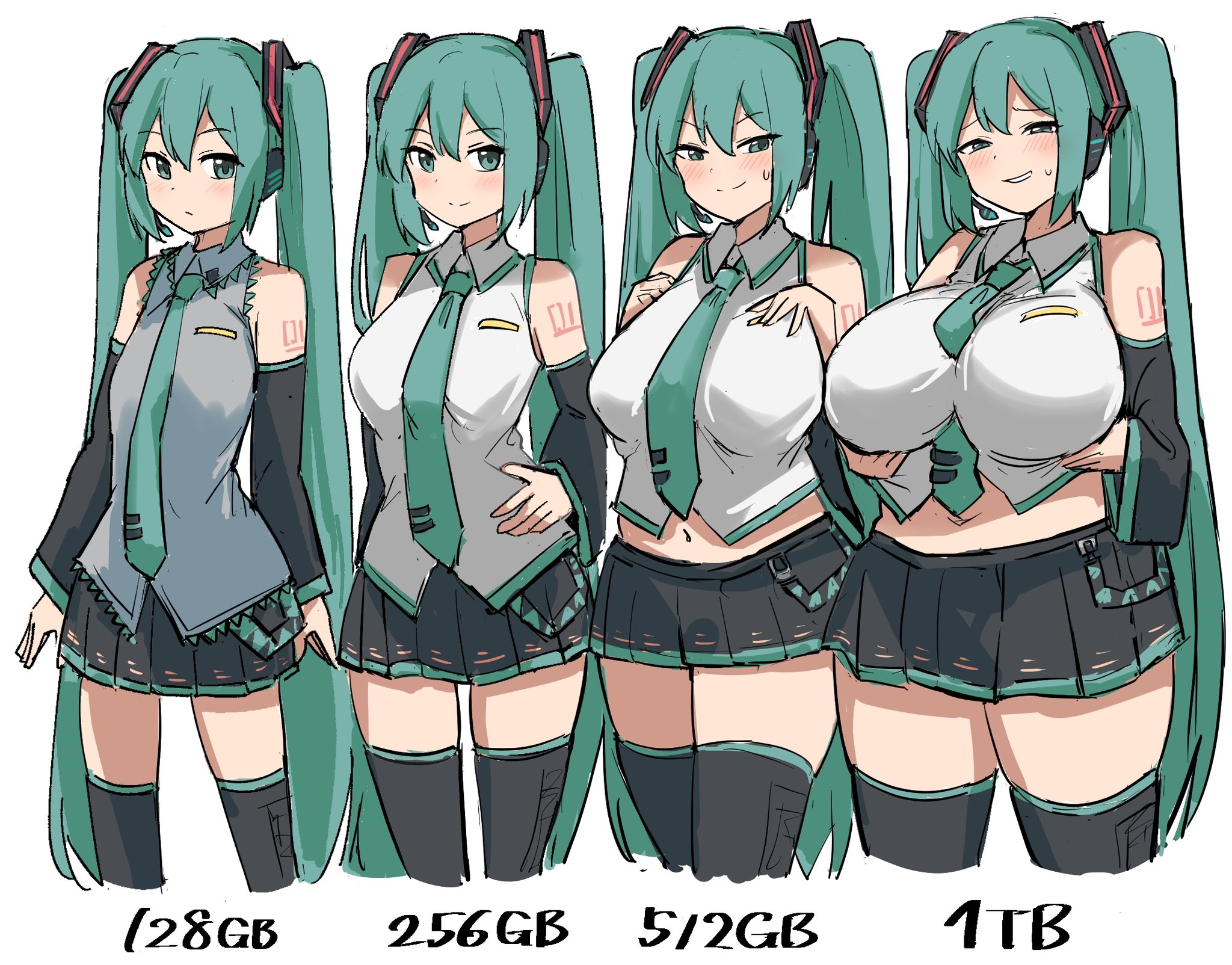 4girls, alternate breast size, aqua eyes, aqua hair, bare shoulders, big breasts, black skirt, blush, breasts, breasts bigger than head, chubby, chubby female, clone, clothed, dated, detached sleeves, green eyes, green hair, green necktie, hand on hip, hatsune miku, hatsune miku (original), headphones, headset, huge breasts, large breasts, long hair, looking at viewer, midriff, multiple girls, navel, necktie, pleated skirt, shirt, simple background, size difference, skirt, sleeveless, smile, tagme, tentenchan2525, thighhighs, twintails, very long hair, white background, zettai ryouiki