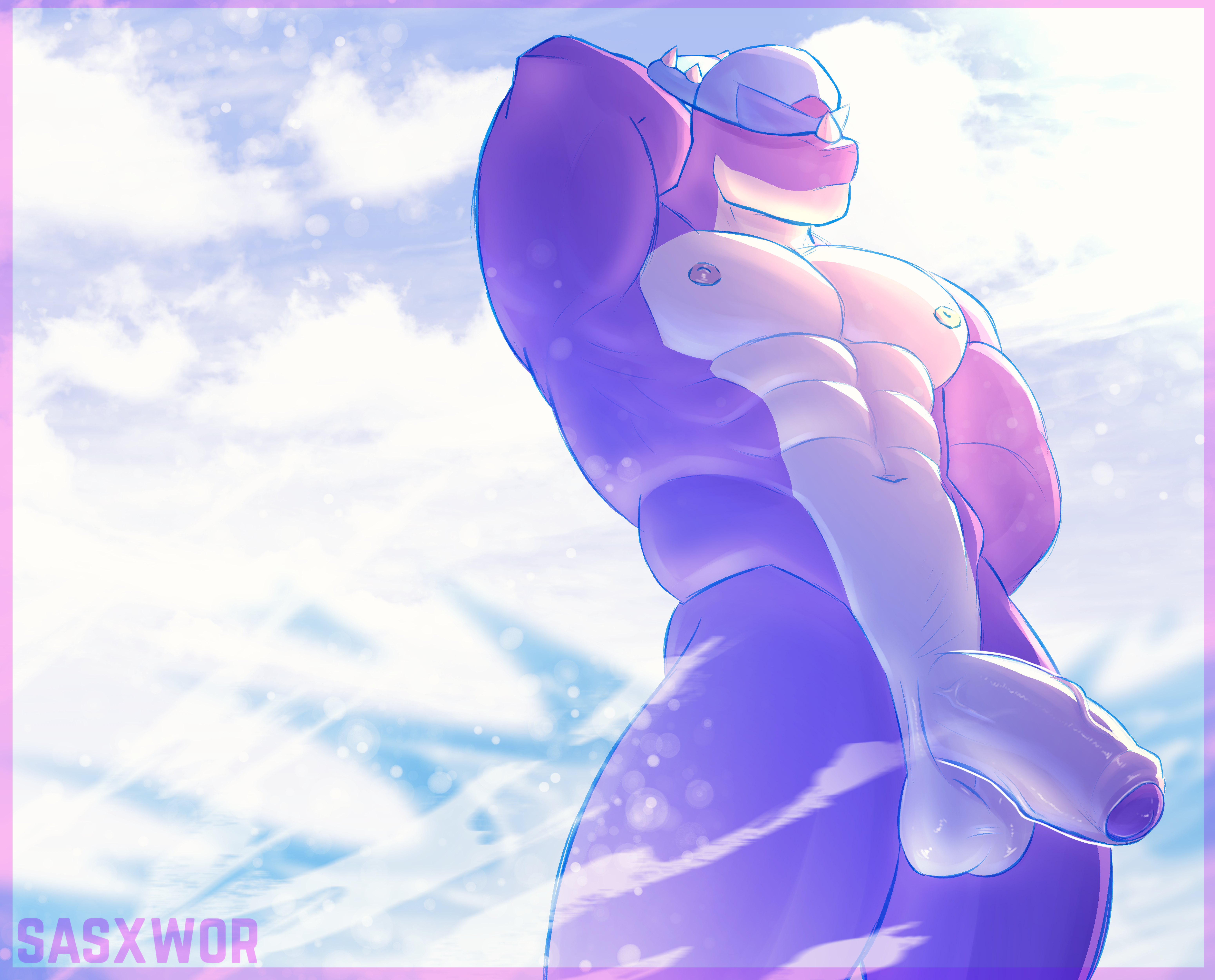anthro, balls, bara, brawl stars, cock, dinosaur, gay, male, male only, muscular, ocean, pierce (brawl stars), sasxwor, sea, solo, sunlight, uncut