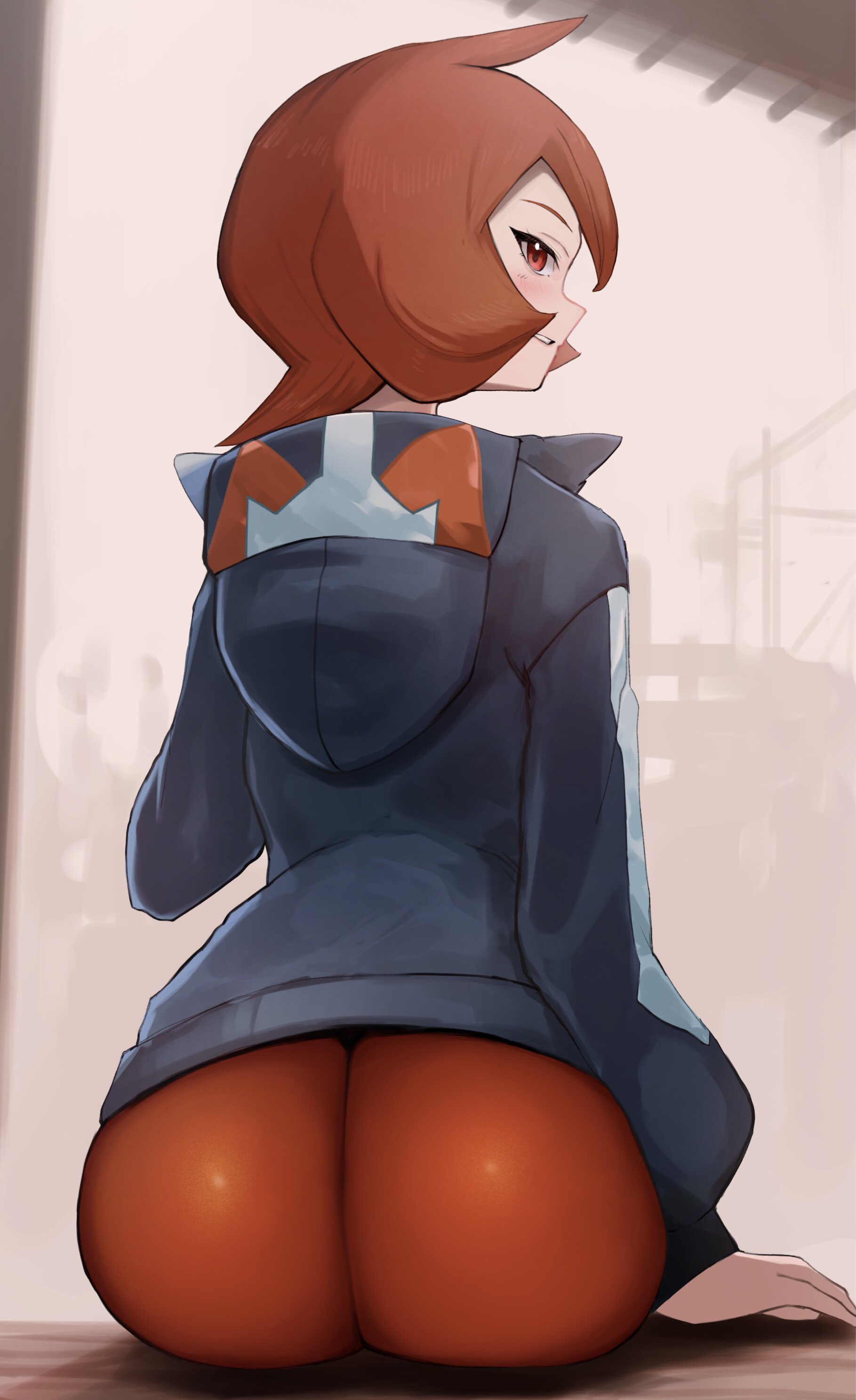 :p, 1girls, absurdres, arezu (pokemon), arm support, ass, blue jacket, blush, breasts, female, female only, grin, highres, hood, hood down, hoodie, jacket, kataku musou, long sleeves, looking at viewer, looking back, musou kataku, nintendo, outdoors, pants, pantyhose, pokemon, pokemon legends: arceus, red eyes, red hair, red pantyhose, sitting, sky, smile, solo, thick thighs, thighs, tight clothes, tongue, tongue out