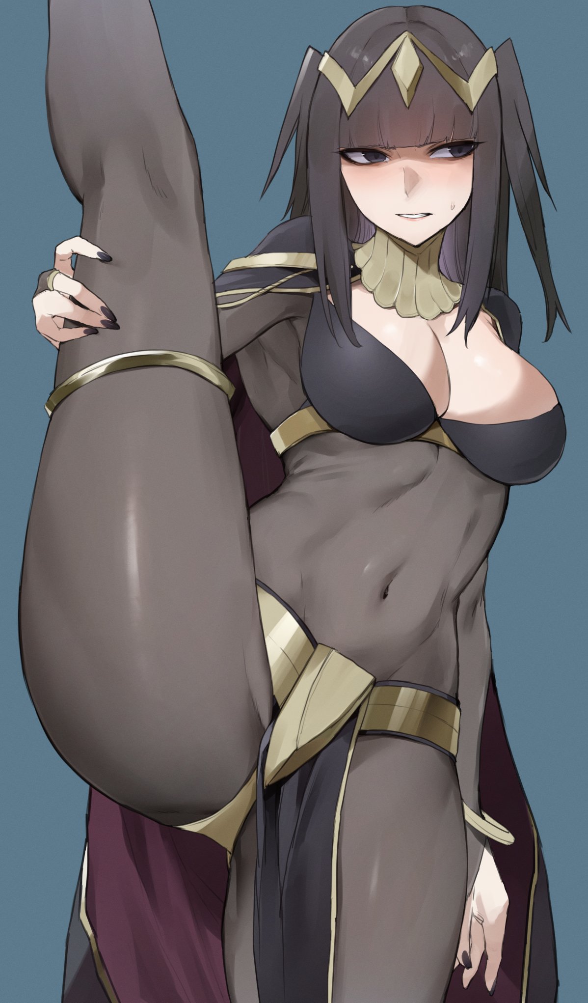 1girls, absurdres, arm at side, black eyes, black hair, blunt bangs, blush, bodystocking, breasts, cape, circlet, cleavage, covered navel, feet out of frame, female, female focus, female only, fingernails, fire emblem, fire emblem awakening, fire emblem heroes, gorget, highres, jewelry, kataku musou, leg hold, leg up, long hair, matching hair/eyes, medium breasts, nail polish, nintendo, parted lips, pelvic curtain, shaded face, sidelocks, sideways glance, skin tight, solo, split, standing, standing on one leg, standing split, sweatdrop, tharja (fire emblem), thighlet, thighs, two side up