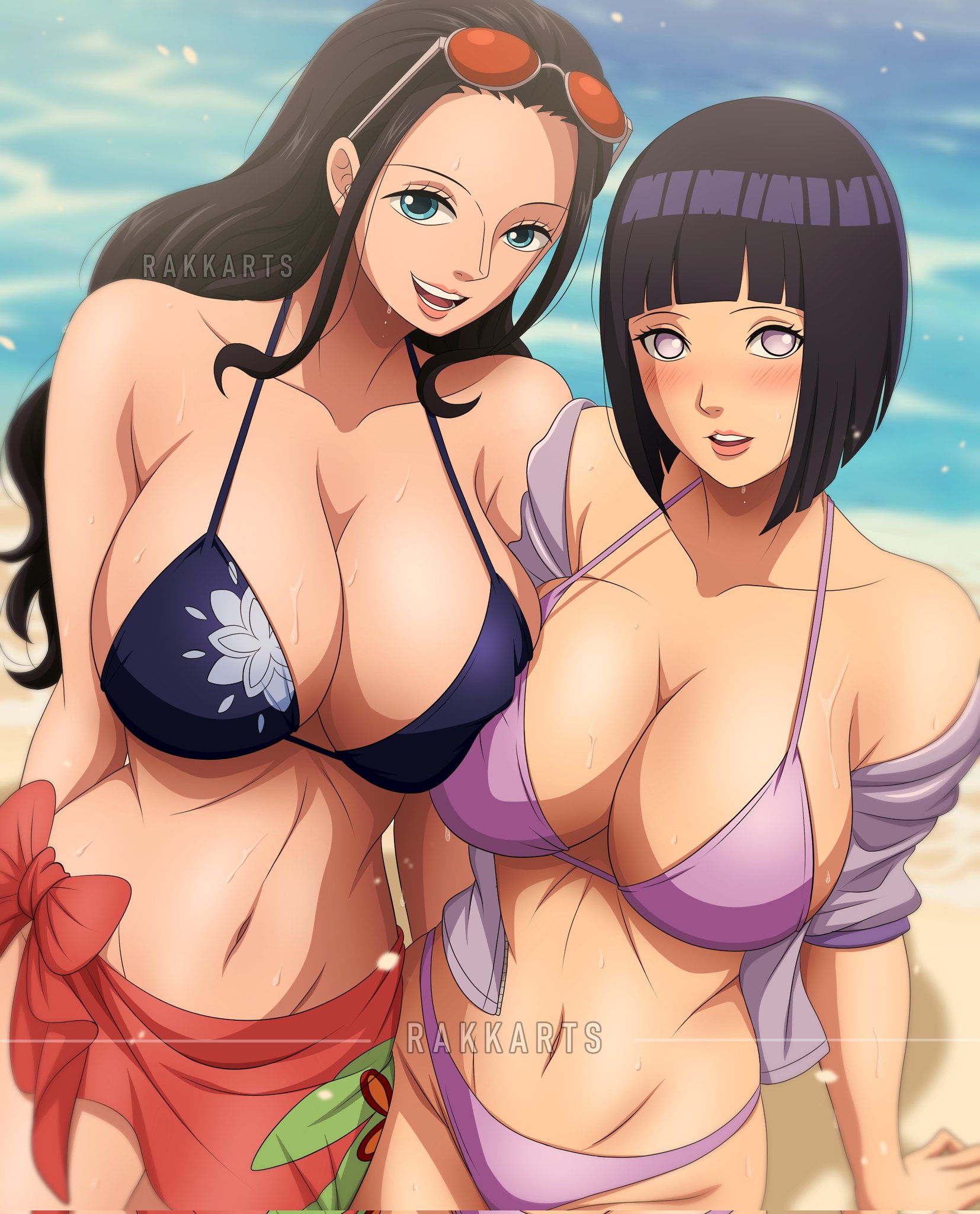 2girls, about to burst, abs, absurd res, absurdres, bare arms, bare shoulders, bare thighs, barely contained, barely contained breasts, barely fits, bbw, beach, bedroom eyes, big breasts, bikini, bikini top, black hair, black-haired female, blue bikini, blue bikini top, blue eyes, blue swimsuit, blush, bob cut, boob squish, boobs, boobs bigger than head, boobs focus, boruto: naruto next generations, breast press, breasts bigger than head, breasts focus, breasts pressed against another, breasts pressed together, breasts squeezed together, breasts too big, bursting breasts, busty, child bearing hips, cleavage, crossover, duo, duo female, duo focus, eyelashes, female, female focus, female only, female/female, height difference, hi res, high resolution, highres, hinata hyuuga, hinata uzumaki, hips, hourglass figure, huge breasts, hyuuga hinata, imminent wardrobe malfunction, inner sideboob, jacket, large breasts, light skin, light-skinned female, linea alba, lips, lipstick, long hair, looking at viewer, makeup, mature, mature body, mature female, mature woman, medium hair, micro bikini, milf, mommy, mommy kink, mommy milkers, naruto, naruto (series), nico robin, ocean, one piece, open mouth, oppai, pale skin, pale-skinned female, panties, pink lips, pink lipstick, pink skirt, purple bikini, purple bikini bottom, purple bikini top, purple eyes, purple panties, purple swimsuit, rakara11, rakkarts, seductive, seductive eyes, seductive look, shonen jump, shoulder length hair, shounen jump, shueisha, sideboob, skimpy, skimpy bikini, skimpy clothes, skirt, sunglasses, sunglasses on head, sweat, sweatdrop, sweating, sweaty, tight bikini, tight fit, tight swimsuit, tight swimwear, tits, tits bigger than head, toned, toned body, toned female, too tight, undersized clothes, undersized clothing, uzumaki hinata, venus body, very high resolution, voluptuous, voluptuous female, watermark, wavy hair, weekly shonen jump, weekly shounen jump, wide hips, yuri