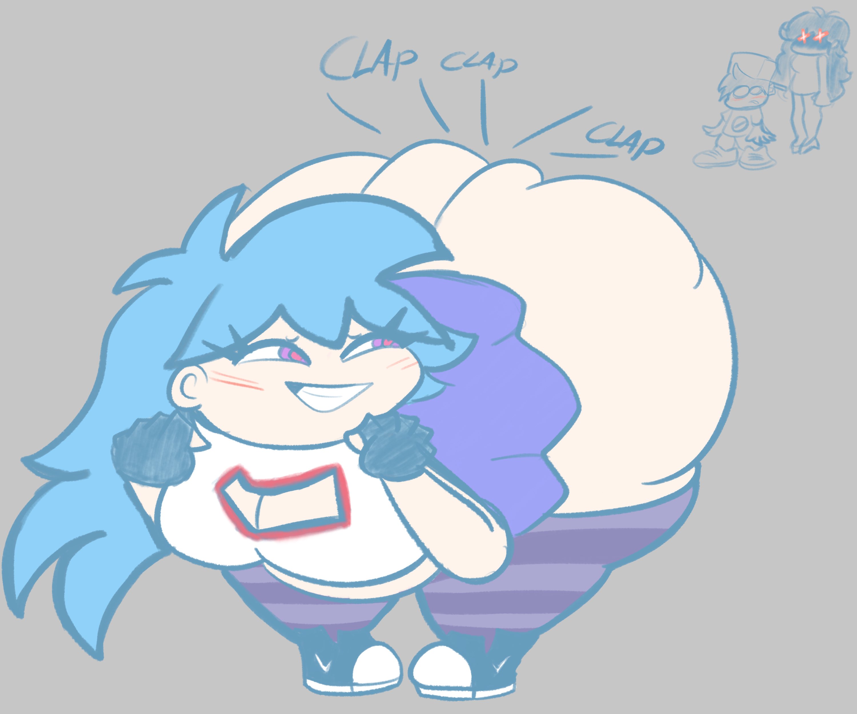 1boy, 2girls, ass, ass body, belly, blue hair, boyfriend (friday night funkin), breasts, butlova, chubby, chubby female, clapping ass, clapping cheeks, cleavage, cleavage cutout, fat, female, female focus, fingerless gloves, friday night funkin, friday night funkin mod, girlfriend (friday night funkin), hips, hyper ass, large ass, large breasts, male, miniskirt, purple eyes, skirt, skyblue, skyblue (friday night funkin), skyverse, stomach, striped legwear, thick thighs, thighs, twerk, twerking, weight gain, wide hips