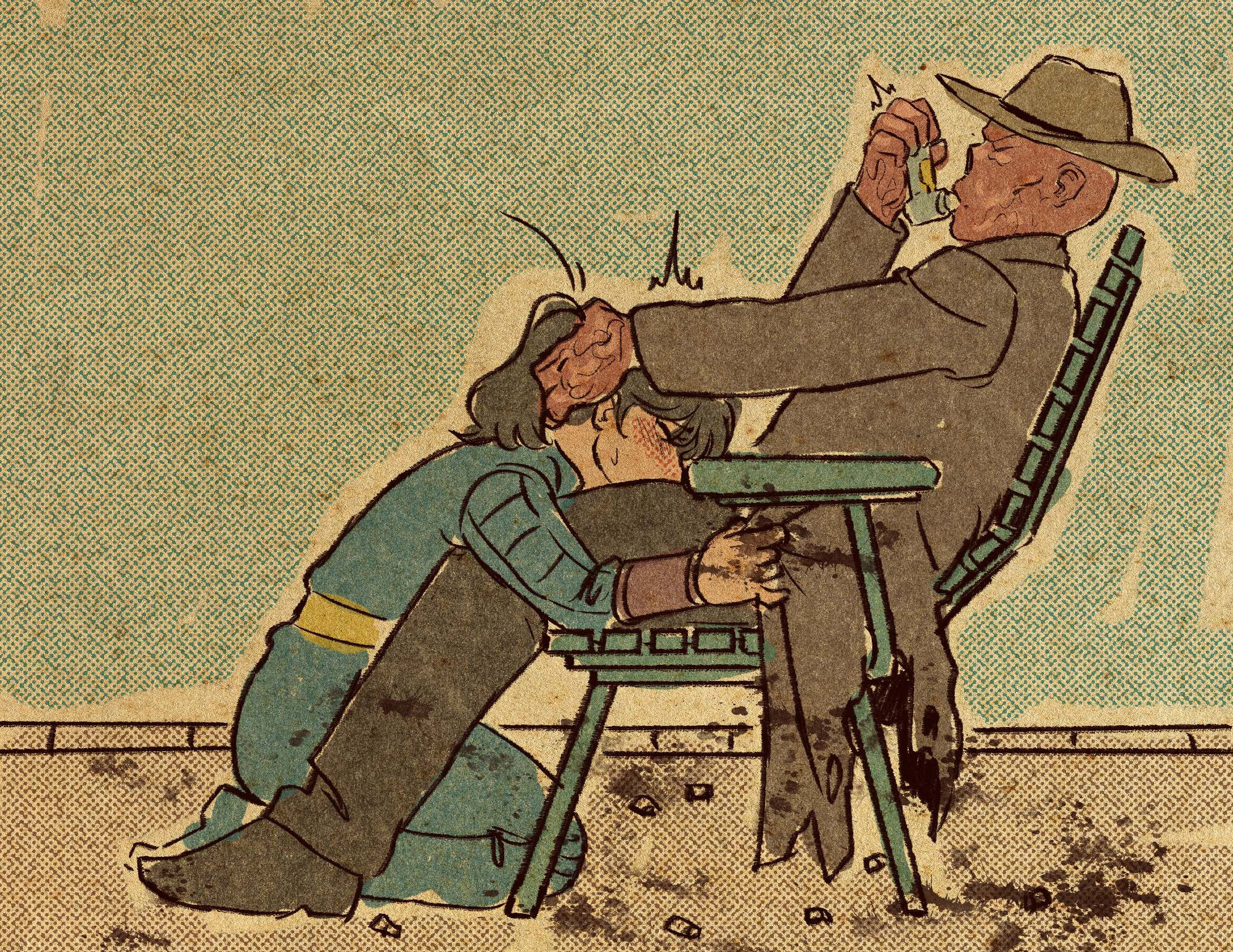 1girls, 2d, clothed sex, cooper howard, fallout, fallout (tv series), ghoul (fallout), inhaler, lucy maclean, male/female, oral, oral sex, sketch, vault suit