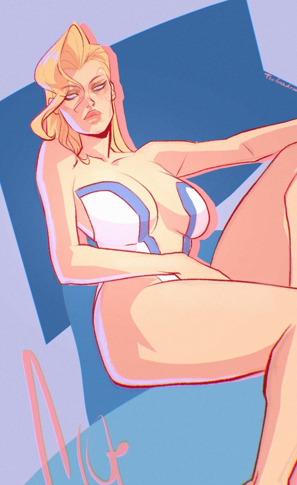 2d, big breasts, blonde female, blonde hair, breasts, cloak and dagger, dagger (marvel rivals), dagger (marvel), legs, marvel, marvel comics, marvel rivals, pose, sitting, solo, tandy bowen, teatimedroan, thick thighs, thighs
