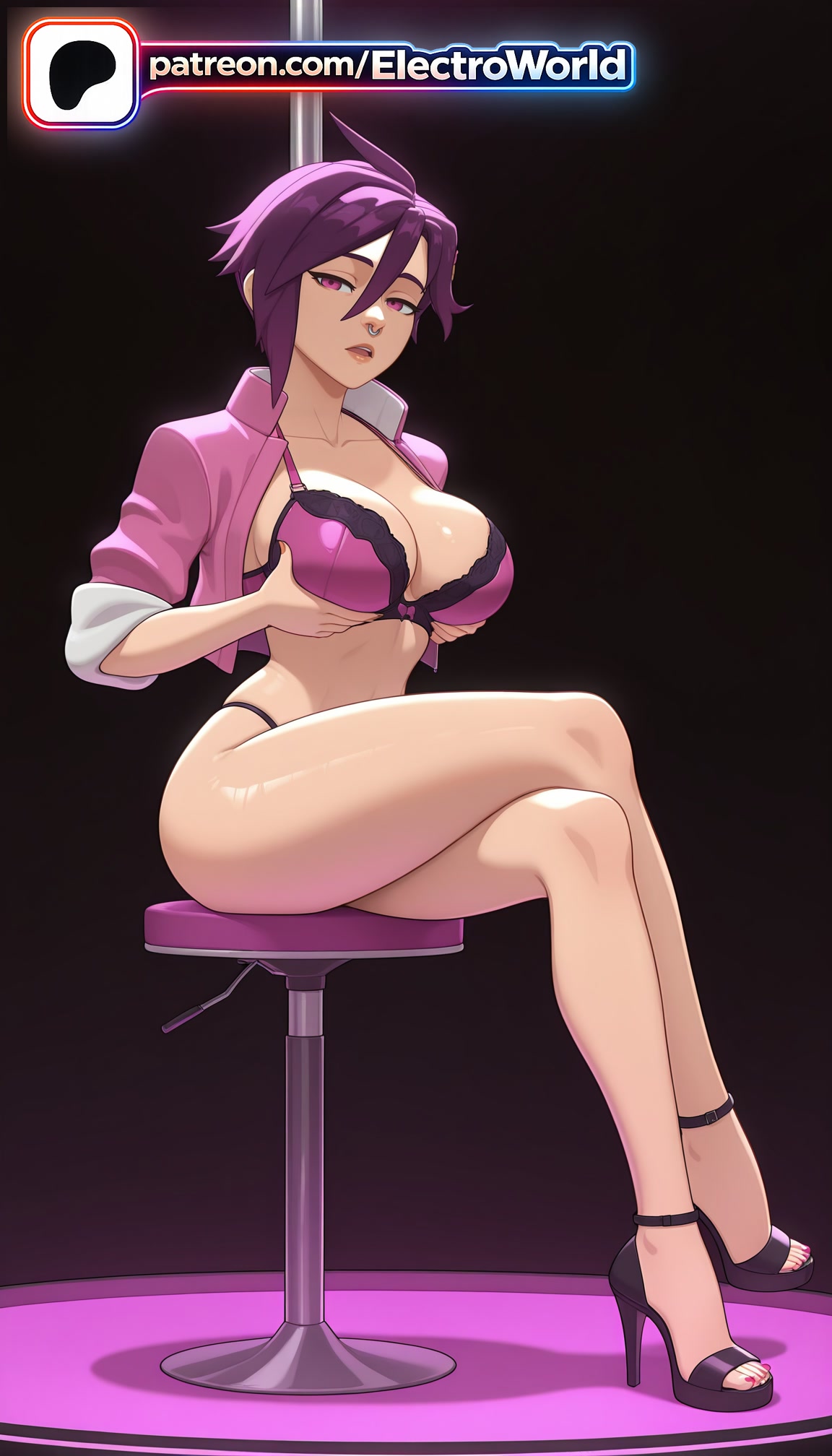2026, ai generated, anime, artist name, big breasts, big chest, bra, breast, breasts, bust, busty, chest, cleavage, dispatch (game), electroworld, eyeshadow, female, hi res, high heels, high quality, high resolution, highres, invisigal, large breasts, lipstick, looking at viewer, makeup, nail polish, open shirt, panties, patreon, patreon username, purple hair, purple nails, shirt, short hair, sitting, solo, stable diffusion, toenail polish, toenails, toes, underwear, watermark
