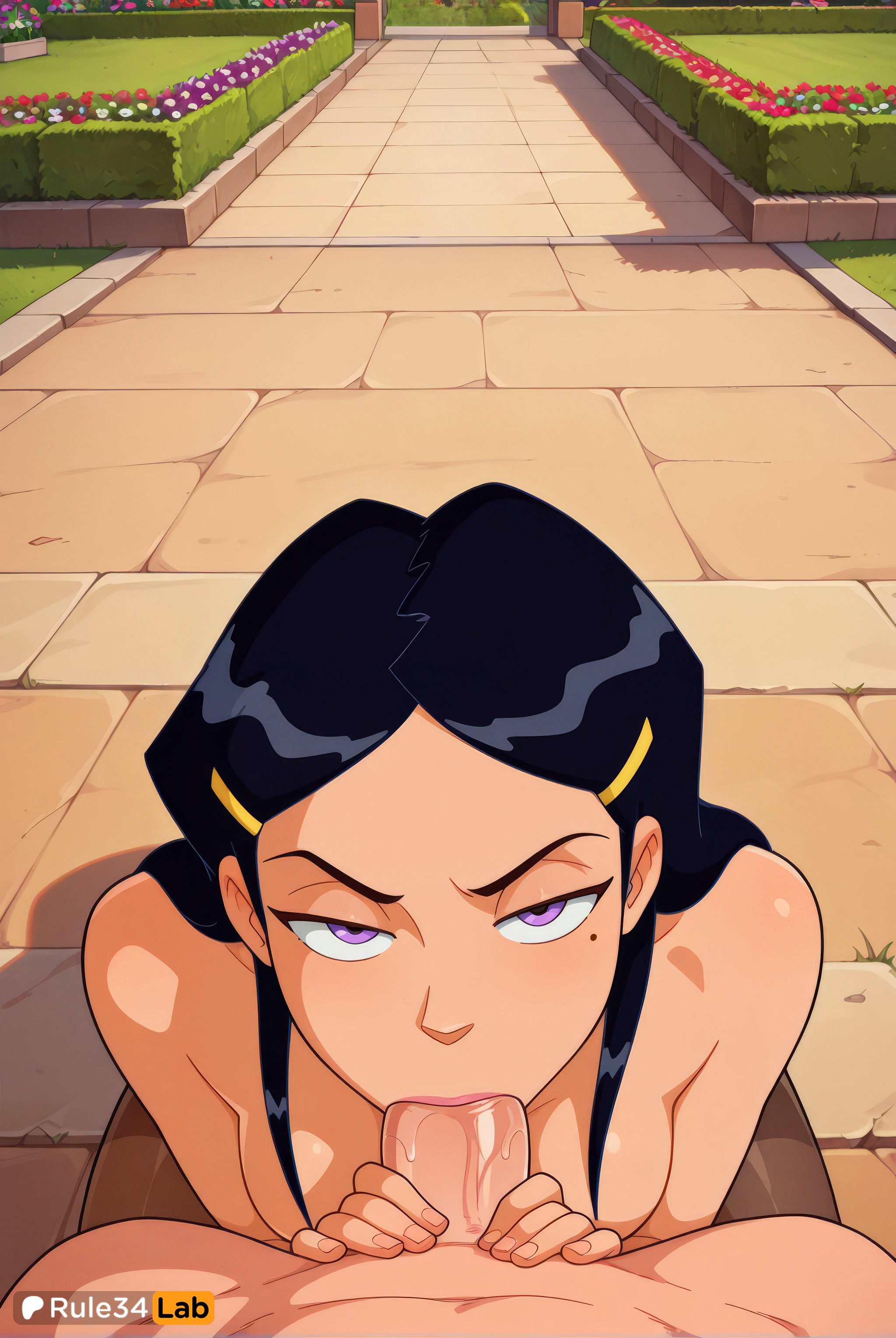 :>=, 1boy, 1boy1girl, 1girls, ai generated, artist name, black hair, blowjob, breasts, cartoon network, cum, erection, fellatio, female, flower, glaring, hair ornament, hairclip, hi res, long hair, looking at viewer, mandy (totally spies), mandy walters, medium breasts, mole, mole under eye, nude, oral, outdoors, pantyhose, partial male, patreon username, penis, pov, pov crotch, purple eyes, rule34lab, solo focus, straight, totally spies, uncensored, veins, veiny penis