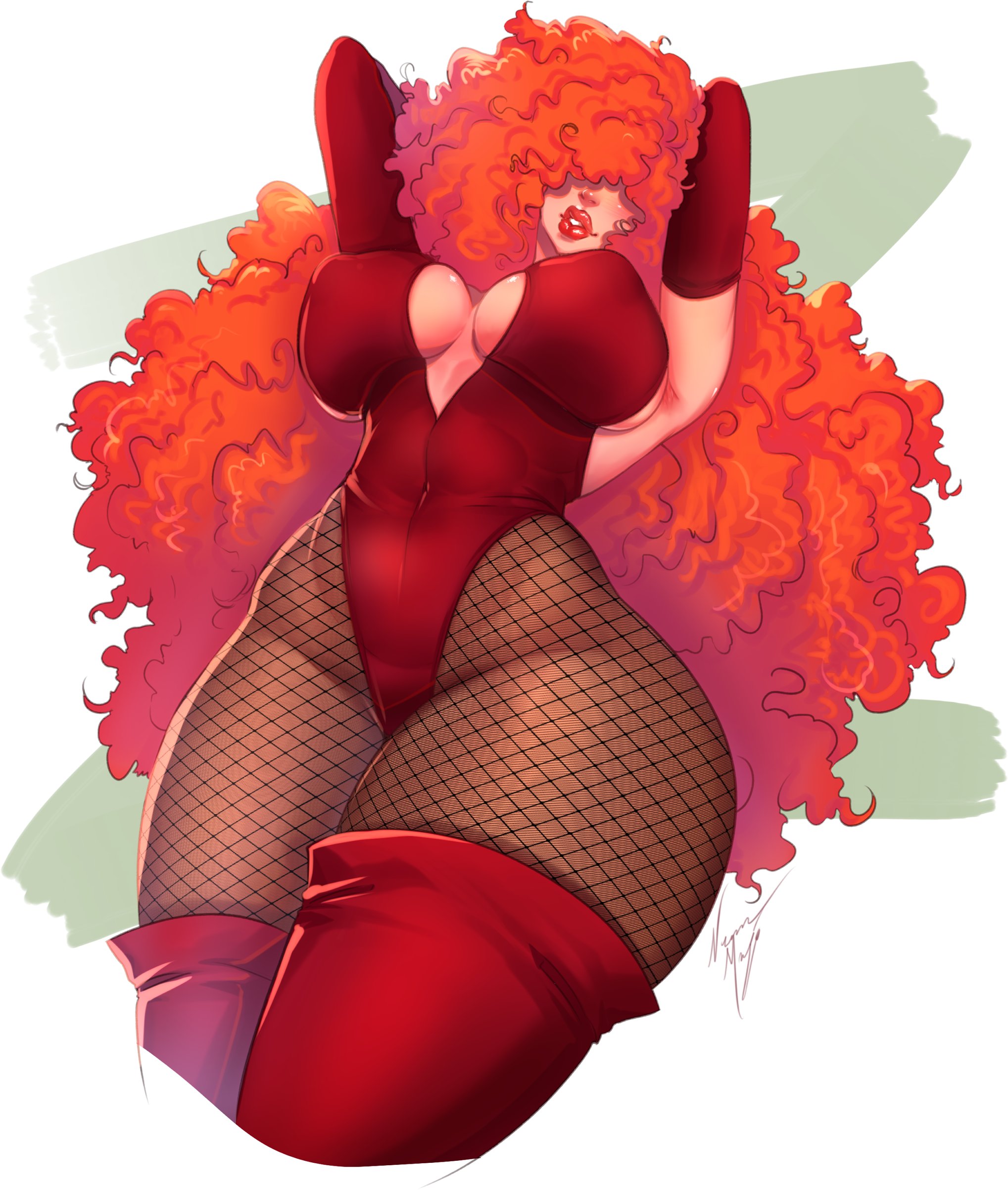 boots, covered eyes, curly hair, elbow gloves, gloves, kneehighs, large breasts, nemumajo, one-piece, powerpuff girls, red boots, red gloves, red hair, red suit, sara bellum, sedusa (cosplay), wide hips