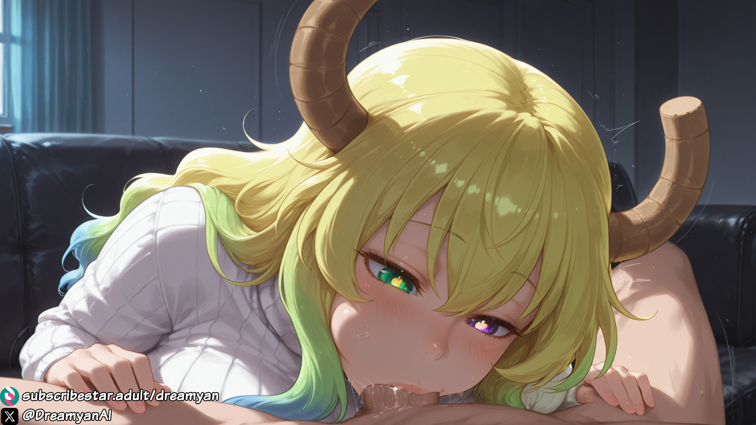 1girls, ai generated, big breasts, big penis, blowjob, breasts, clothed, clothed female, curvy, curvy body, curvy female, deepthroat, dreamyan ai, fellatio, green eyes, green hair, heterochromia, hi res, high quality, high resolution, highres, horns, huge breasts, kobayashi-san chi no maidragon, large breasts, lucoa, lucoa (maidragon), male pov, mature female, milf, oral, oral sex, pov, quetzalcoatl (dragon maid), sucking, sucking penis, sweater, thick ass, thick thighs, thighs, uncensored