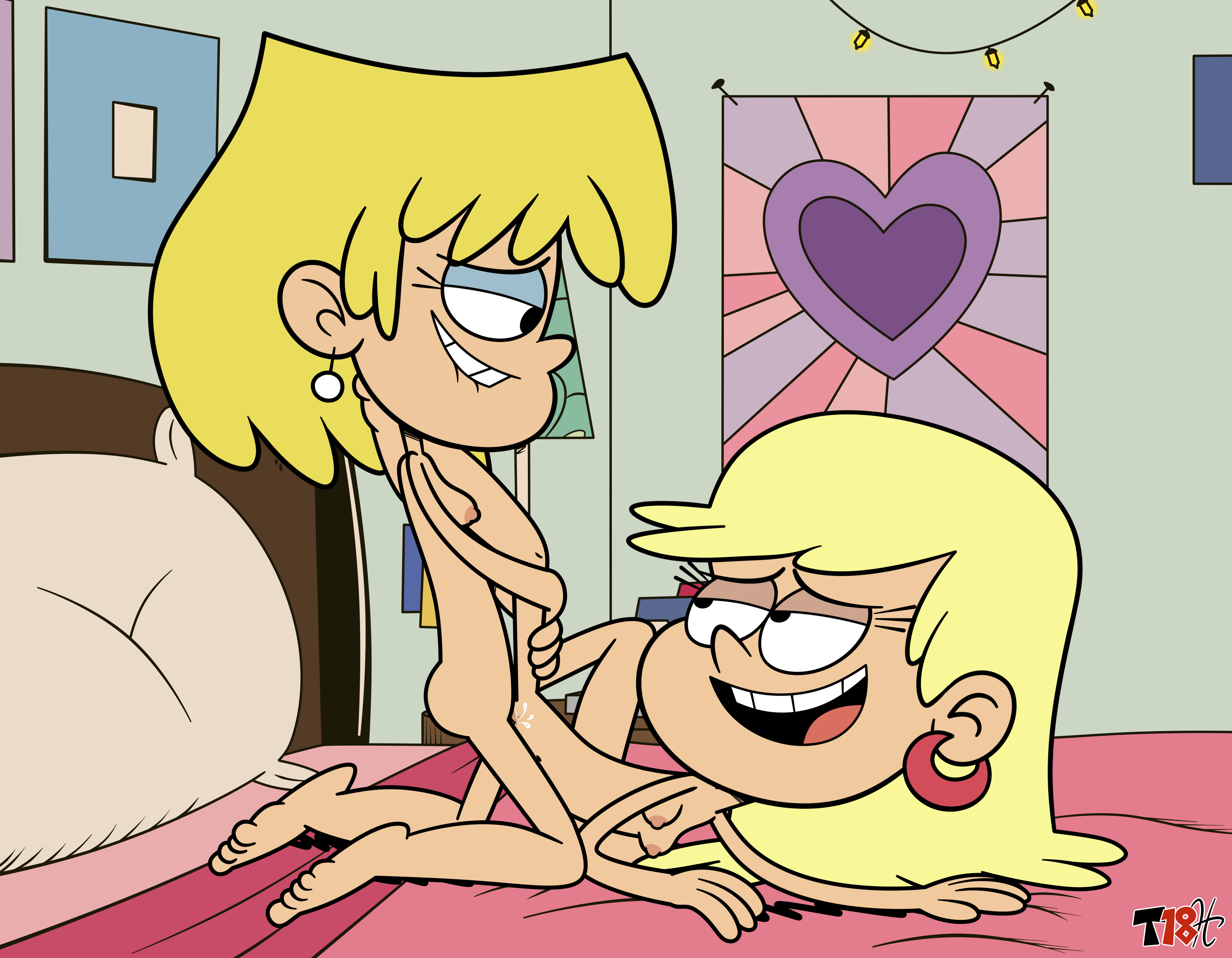 2023, 2d, 2girls, accurate art style, artist signature, barefoot, bed, bedroom, biting own lip, bitting lip, blanket, blonde female, blonde hair, blue eyeshadow, breasts, color, completely nude, completely nude female, earrings, eyelashes, eyeshadow, female, female only, full color, half-closed eyes, happy, happy sex, heart, hoop earrings, incest, indoors, leni loud, lesbian, lesbian sex, light skin, light-skinned female, looking at another, lori loud, medium hair, nickelodeon, nicktoons, nipples, nude, nude female, on bed, open mouth, picture frame, pillow, pink blanket, poster, poster (decoration), poster (object), purple heart, scissoring, sex, short hair, siblings, sisters, smile, spread legs, taki8hiro, teenage girl, teenager, the loud house, tribadism, triceps, yuri