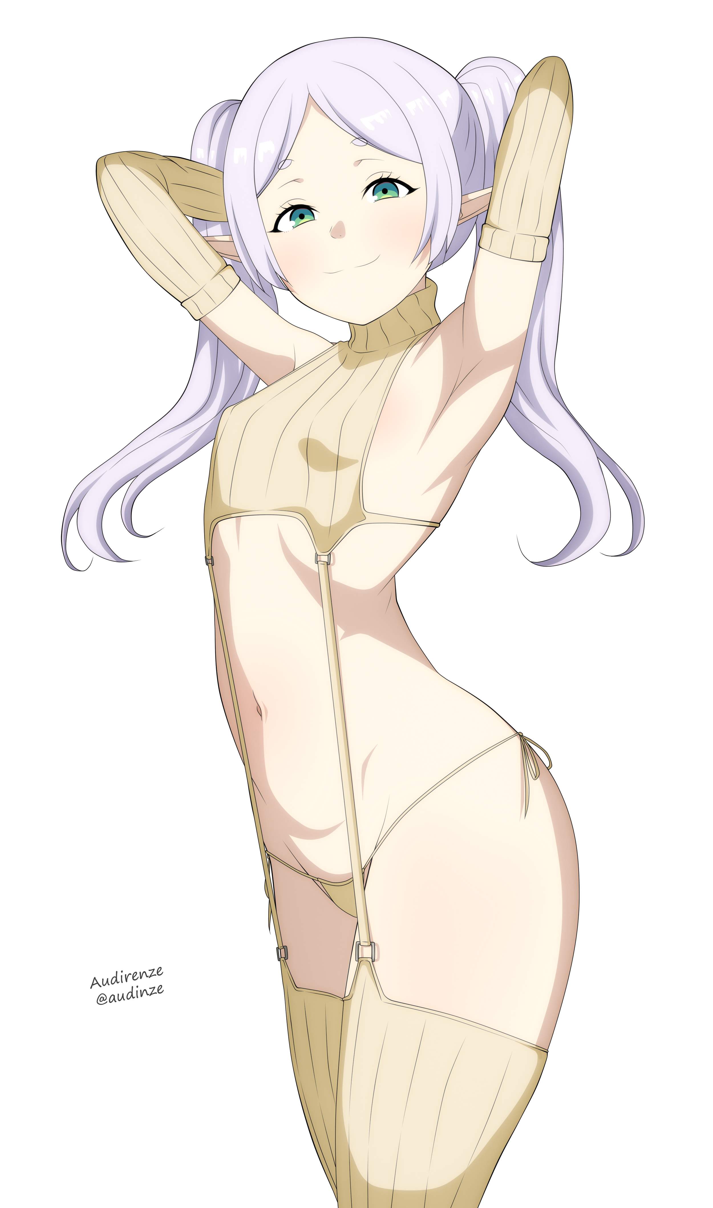1girls, 2d, 2d (artwork), 2d artwork, adult, adult female, arm behind head, armpits, arms behind head, audirenze, bare armpits, bare belly, bare hips, bare midriff, bare navel, bare skin, belly, belly button, breasts, closed mouth smile, collarbone, curvaceous, curvaceous body, curvaceous female, curvaceous figure, curvaceous hips, curvy, curvy body, curvy female, curvy figure, curvy hips, digital, digital art, digital drawing, digital drawing (artwork), digital media, digital media (artwork), drawing, earrings, elbows, elf, elf ear, elf ears, elf female, elf girl, exposed armpits, exposed belly, exposed hips, exposed midriff, exposed navel, exposed skin, female, female focus, female only, frieren, gilf, grandma, granny, green eyes, green-eyed female, groin, hand behind head, hands behind head, head tilt, high resolution, highres, lean figure, legwear, long hair, looking at viewer, mature, mature female, midriff, narrow waist, navel, nipple bulge, old female, panties, parted bangs, pear-shaped figure, petite, petite body, petite breasts, petite female, petite girl, petite tits, pointy ears, posing, posing for the viewer, shoulders, simple background, slender body, slender waist, slim waist, small breast, small breasts, smile, smiley face, smiling, smiling at viewer, smug, smug expression, smug eyes, smug face, smug grin, smug smile, solo, sousou no frieren, standing, stockings, thick thighs, thigh highs, thighhighs, thighs, thong, tilted head, tiny breasts, underwear, upper body, virgin killer sweater, white background, white hair, white-haired female, wide hips, yellow legwear, yellow panties, yellow stockings, yellow thigh highs, yellow thighhighs, yellow thong, yellow underwear
