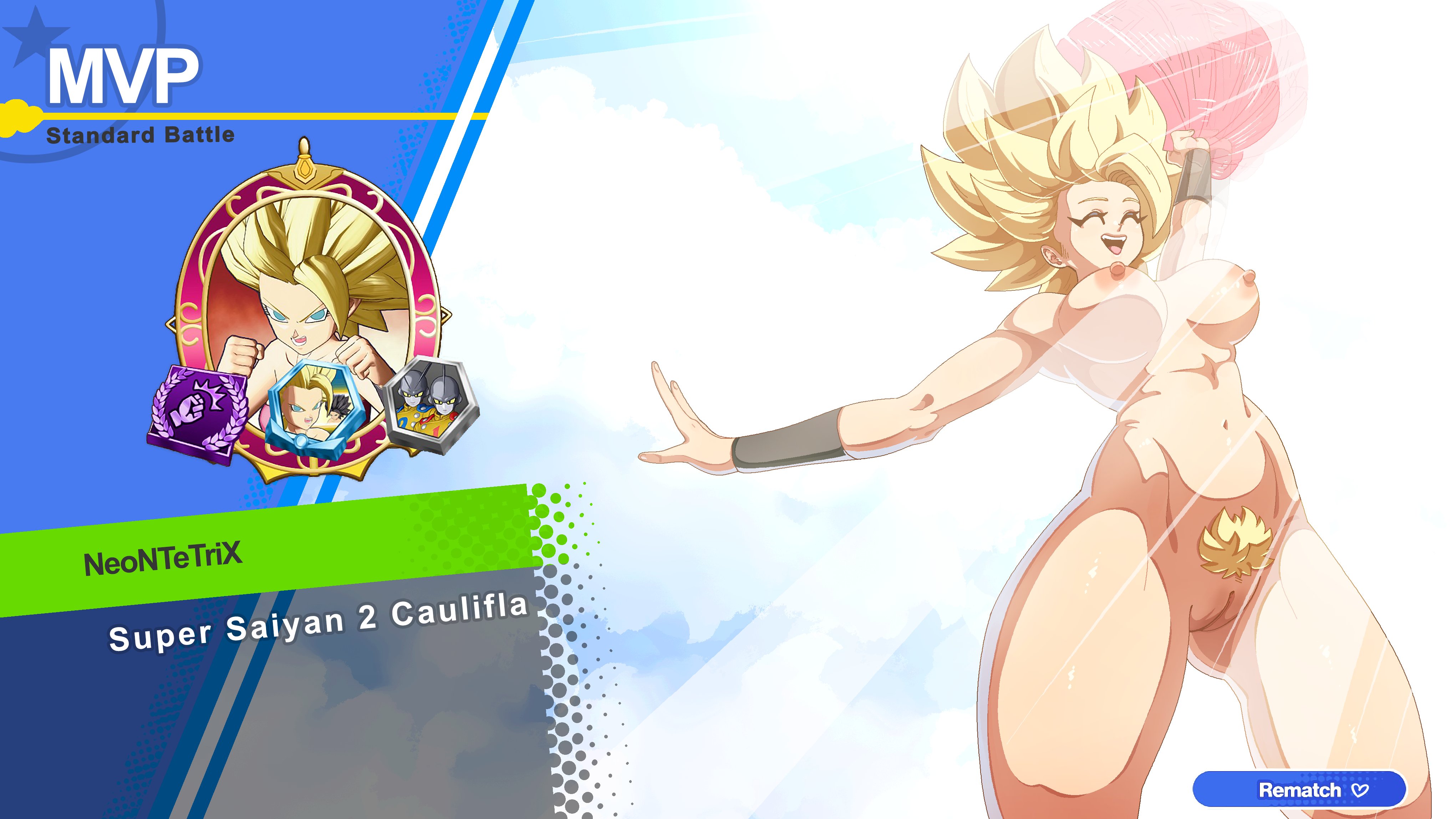 1girls, alternate breast size, alternate version at source, alternate version available, areolae, bare thighs, big breasts, blonde female, blonde hair, blonde pubes, blonde pubic hair, blue skin, breasts, caulifla, clouds, dragon ball, dragon ball gekishin squadra, dragon ball super, dragon ball z, female, golden hair, golden pubic hair, light skin, light-skinned female, mvp, naked, naked female, naked woman, neontetrix, nipples, nude, nude female, nude woman, pubic hair, pussy, saiyan, saiyan female, shounen jump, shueisha, spiky hair, super saiyan, super saiyan 2, thighs, topless, tournament of power, twirling clothes, vagina, victory pose, victory screen, video game, wristband, wristbands