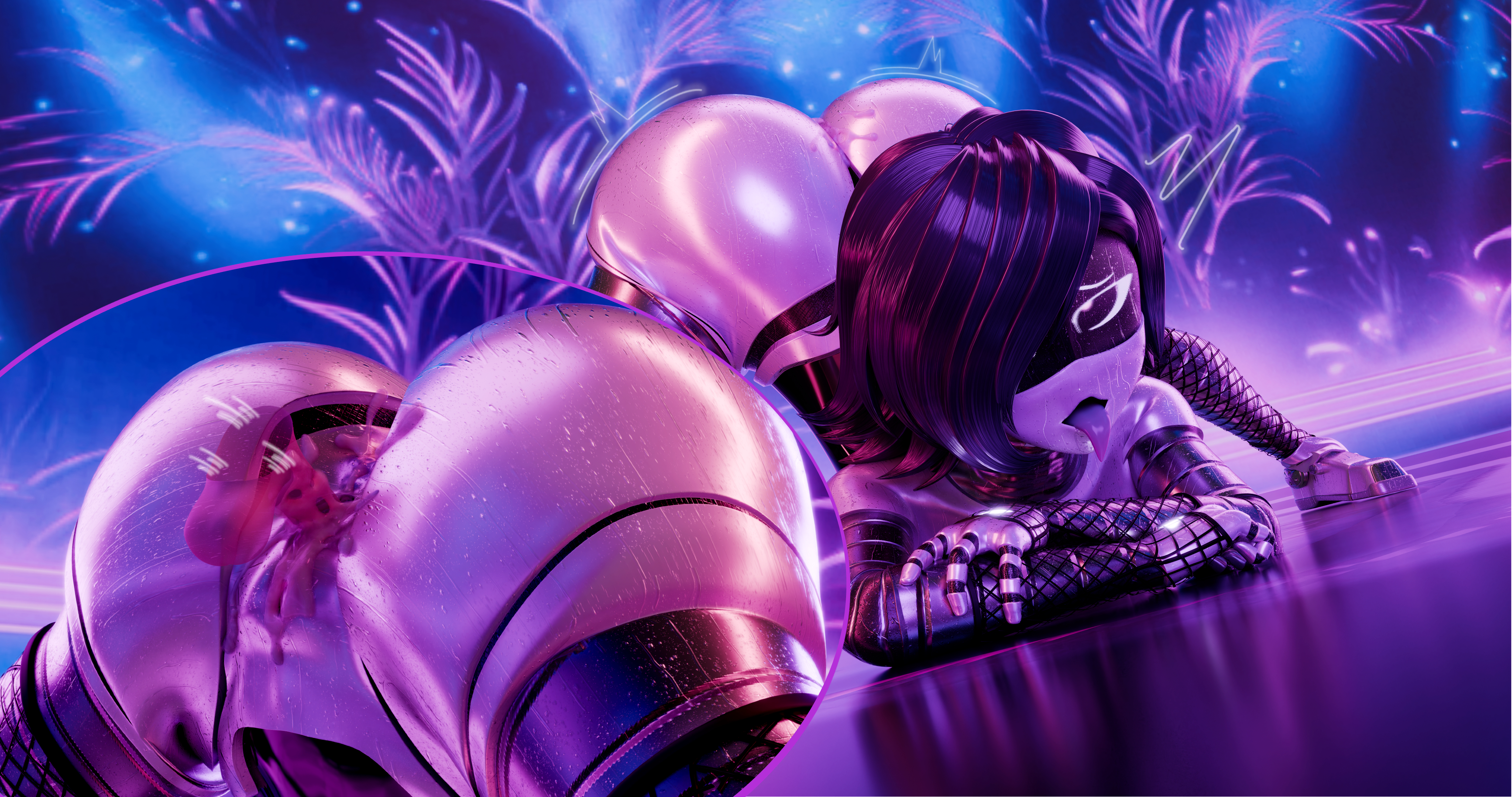 3d, armac104, blender, cum, cum in pussy, cum inside, cum on lower body, dance floor, eyelashes, eyes rolling back, glitch productions, human on humanoid, human on robot, humanoid penis, jack-o pose, l, looking at viewer, male/female, murder drones, murder drones x humans, neon lights, no bra, pleasure face, robot, small penis, small penis adoration, thrusting into pussy, tongue out, uzi (bysamzan), uzi (murder drones)