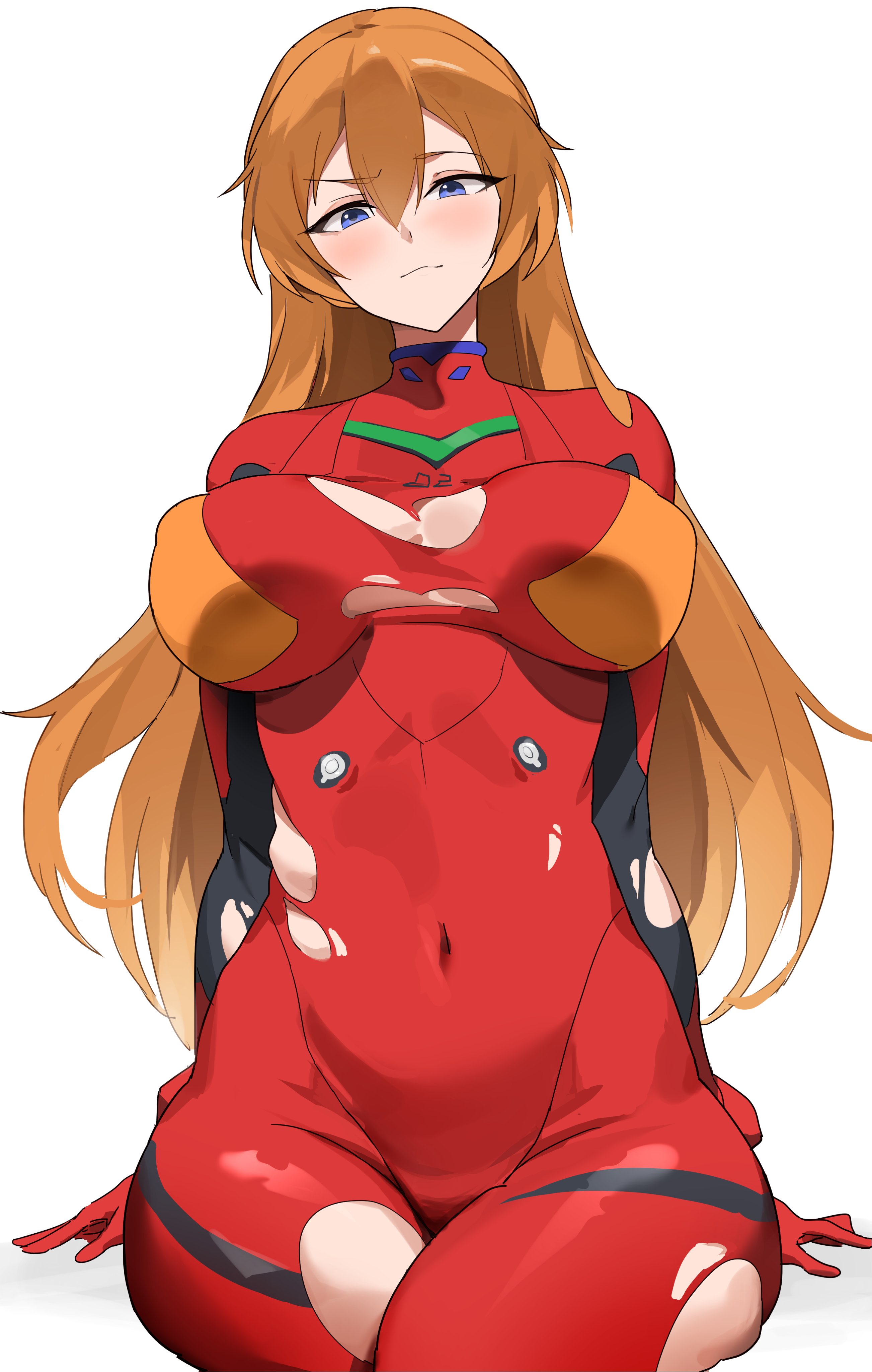 absurdres, alternate breast size (larger), alternate hair length, alternate hairstyle, asuka langley sohryu, blue eyes, blush, bodysuit, breasts, brown hair, curvy, evangelion: 3.0+1.0 thrice upon a time, female, female only, hair between eyes, hair down, hands in own hair, highres, interface headset (evangelion), large breasts, long hair, mecha pilot suit, neon genesis evangelion, open mouth, plugsuit, plugsuit (evangelion), rebuild of evangelion, red bodysuit, shiny clothes, simple background, sitting, smile, solo, t-lex, torn bodysuit, torn clothes, white background, wide hips