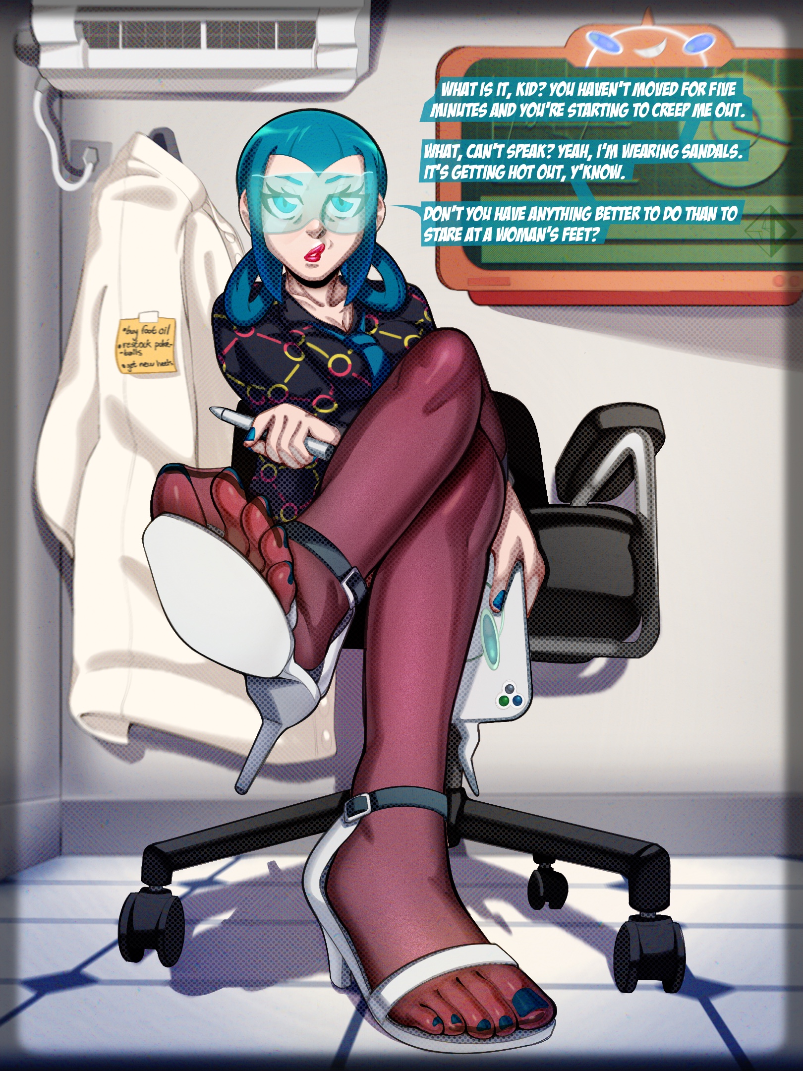 2026, air conditioner, alternate version available, blue eyes, blue hair, blush, breasts, clothed, crossed legs, dialogue, digital drawing (artwork), digital media (artwork), english text, feet, feet up, female, foot fetish, foot focus, footwear, game freak, hi res, high heels, holding phone, human, indoors, labcoat, laboratory, leggings, light skin, lipstick, mable (pokemon legends: z-a), mable (pokemon), momiji (pokemon legends: z-a), momiji (pokemon), nail polish, nintendo, nylons, offscreen character, pantyhose, pokemon, pokemon legends: z-a, rotom, rotom phone, sandals, shiny hair, sitting, splooshiidood, talking to viewer, text, tiles, tinted eyewear, toes, twin braids, visor