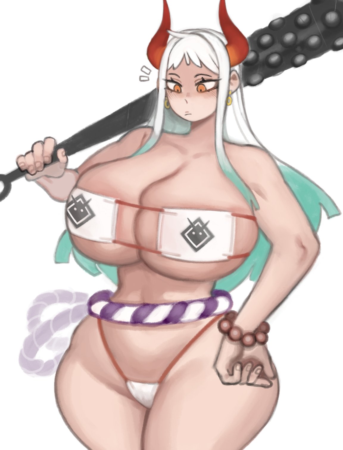 1girls, 2d, 2d (artwork), ass, blue hair, breasts, clothed, clothed female, clothing, female, female only, hair, horns, kelvin hiu, lips, long hair, ombre hair, one piece, panties, solo, two-tone hair, weapon, white hair, white-haired female, yamato (one piece)