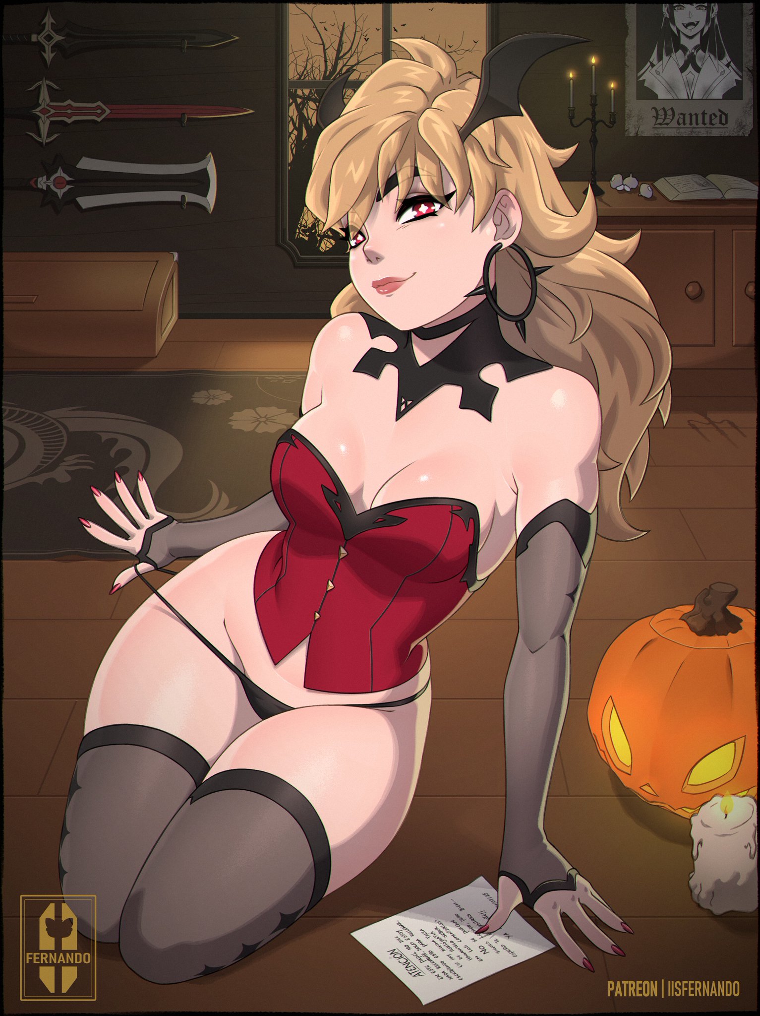 1girls, 2d, blonde female, breasts, darkiisfernando, female, fortnite, fortnite: battle royale, joni (fortnite), looking at viewer, panties, petite, pulling panties, red eyes, red ruin joni (fortnite), smirking, solo, solo female