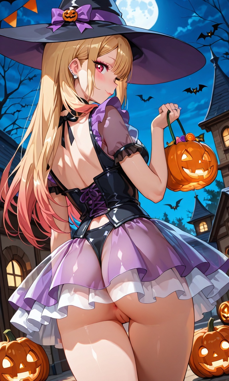 1girls, ai generated, anus, back, back view, bare pussy, blonde hair, bottom view, breasts, casual exposure, cosplay, costume, encoder, female, festival, helloween, jack-o'-lantern, kitagawa marin, looking at viewer, looking back, no panties, outdoors, public, public exposure, pussy, seductive look, see-through, see-through clothing, solo female, solo focus, sono bisque doll wa koi wo suru, transparent clothing, vagina, walking, witch, witch costume, witch hat