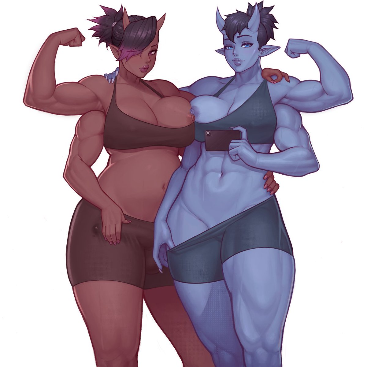 1futa, 1girls, 4 arms, abs, areolae, asura (artist), big breasts, breasts, bulge, demon, dickgirl, erection, erection under clothes, female, futanari, intersex, large breasts, looking at viewer, multi arm, multi limb, muscles, muscular, muscular female, muscular futa, nipples, oni, penis, penis under clothes, thick thighs