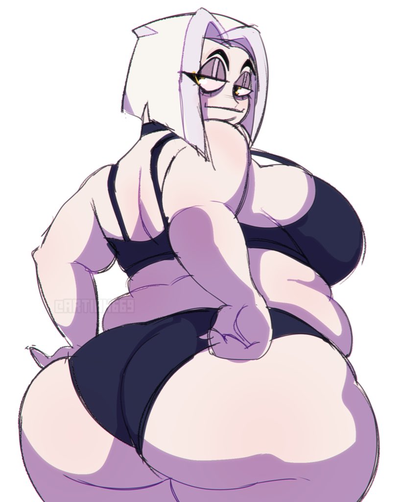 angel, artiah669, bbw, exorcist (hazbin hotel), fat ass, fat rolls, female, fleshpie669, hazbin hotel, looking at viewer, lute (hazbin hotel), mature, mature female, obese, obese female, overweight, overweight female, tagme, underwear