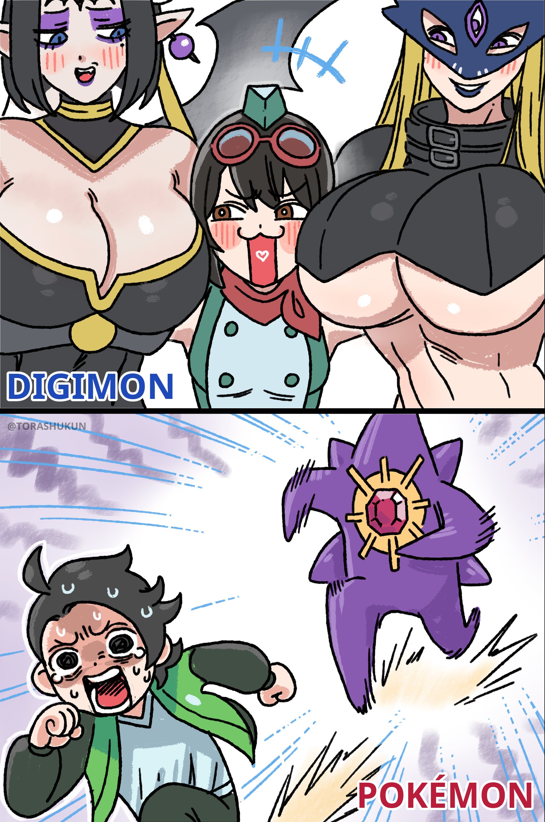 3girls, ambiguous gender, beelstarmon, between breasts, big breasts, breasts, chasing, cleavage, comparison, creature, digimon, digimon (species), digimon story, digimon story: time stranger, fat breasts, female, female pervert, flat belly, humor, kanan yuki, kyouya (pokemon), large breasts, lilithmon, mega starmie, paxton (pokemon), pervert, pokemon, pokemon (species), pokemon legends: z-a, running, running away, there is a clear winner, torashu-kun, underboob, yuri, yuuki kanan