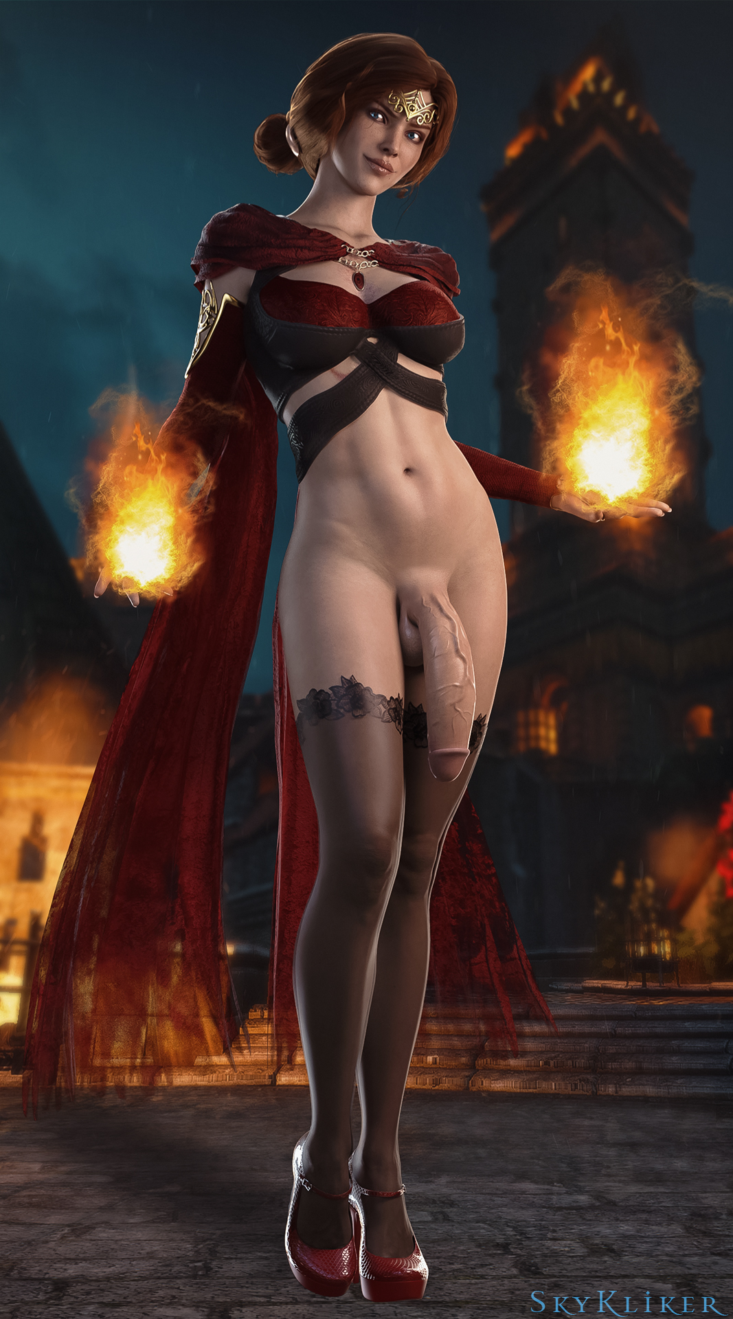 1futa, 3d, balls, belly, blue eyes, bottomless, breasts, bun, cd projekt red, cleavage, curvy, dickgirl, fingerless gloves, flaccid, front view, futa only, futanari, ginger, gloves, half nude, half-erect, heels, high heels, huge penis, intersex, lace, large breasts, looking at viewer, midriff, penis, realistic, red hair, robe, skykliker, slim, solo, solo futa, standing, stockings, the witcher, the witcher (series), the witcher 2, the witcher 3: wild hunt, thighhighs, triss merigold, veiny penis, walking