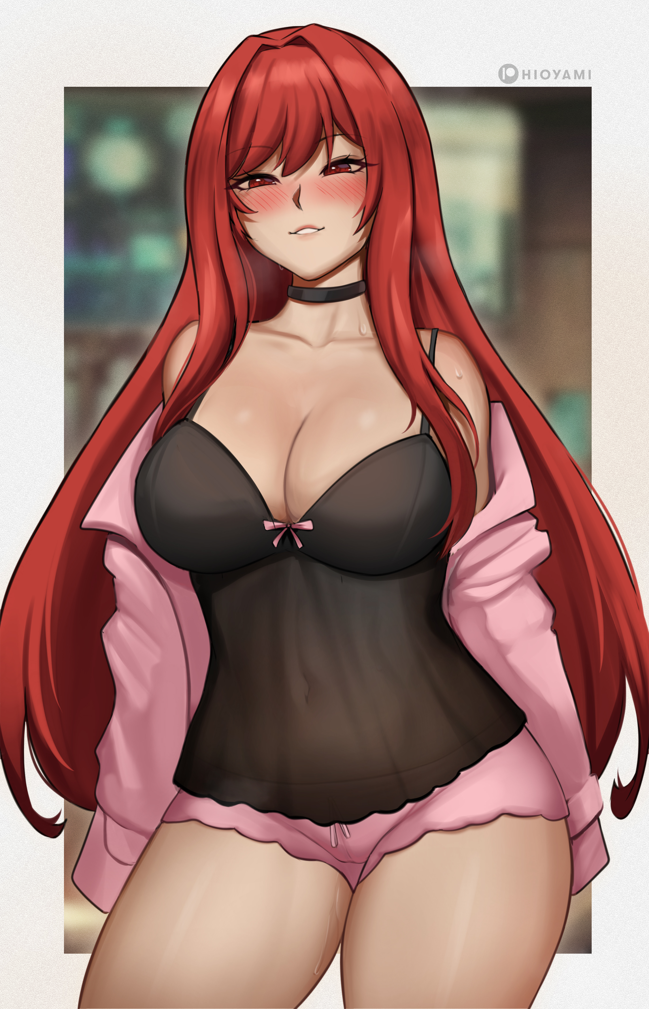 1girls, big breasts, blush, blushing at viewer, breasts, curvaceous, curvy, curvy female, female, female focus, female only, goddess of victory: nikke, hi res, highres, hioyami, huge breasts, large breasts, light skin, light-skinned female, looking at viewer, rapi (nikke), rapi (red hood) (cherished red) (nikke), rapi (red hood) (nikke), slim waist, solo, solo female, solo focus, thick thighs, thighs, wide hips