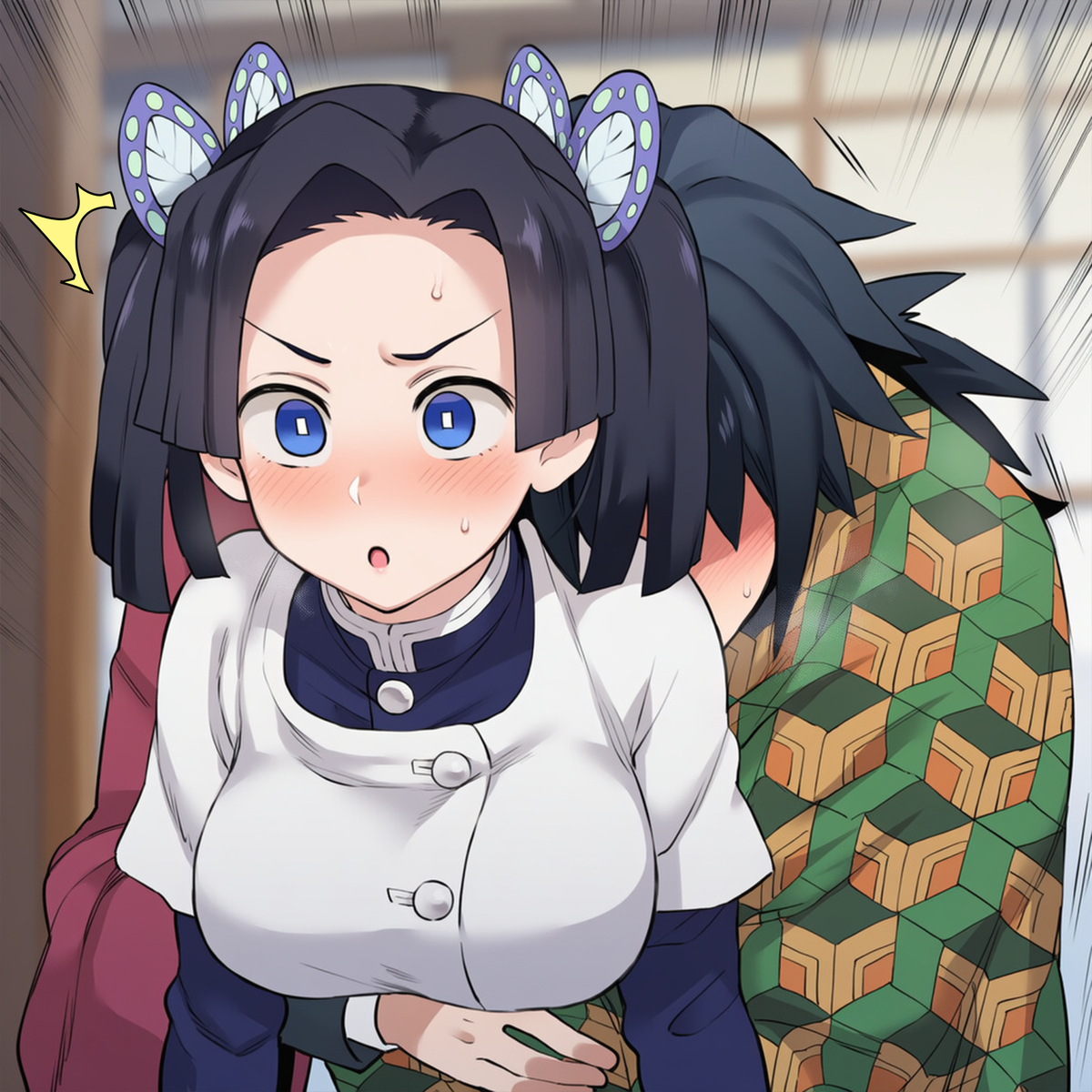 ai generated, behind, black hair, blue eyes, blush, butterfly hair ornament, clothed, clothed sex, demon slayer, doggy style, female, hug, kanzaki aoi (kimetsu no yaiba), kimetsu no yaiba, tomioka giyuu