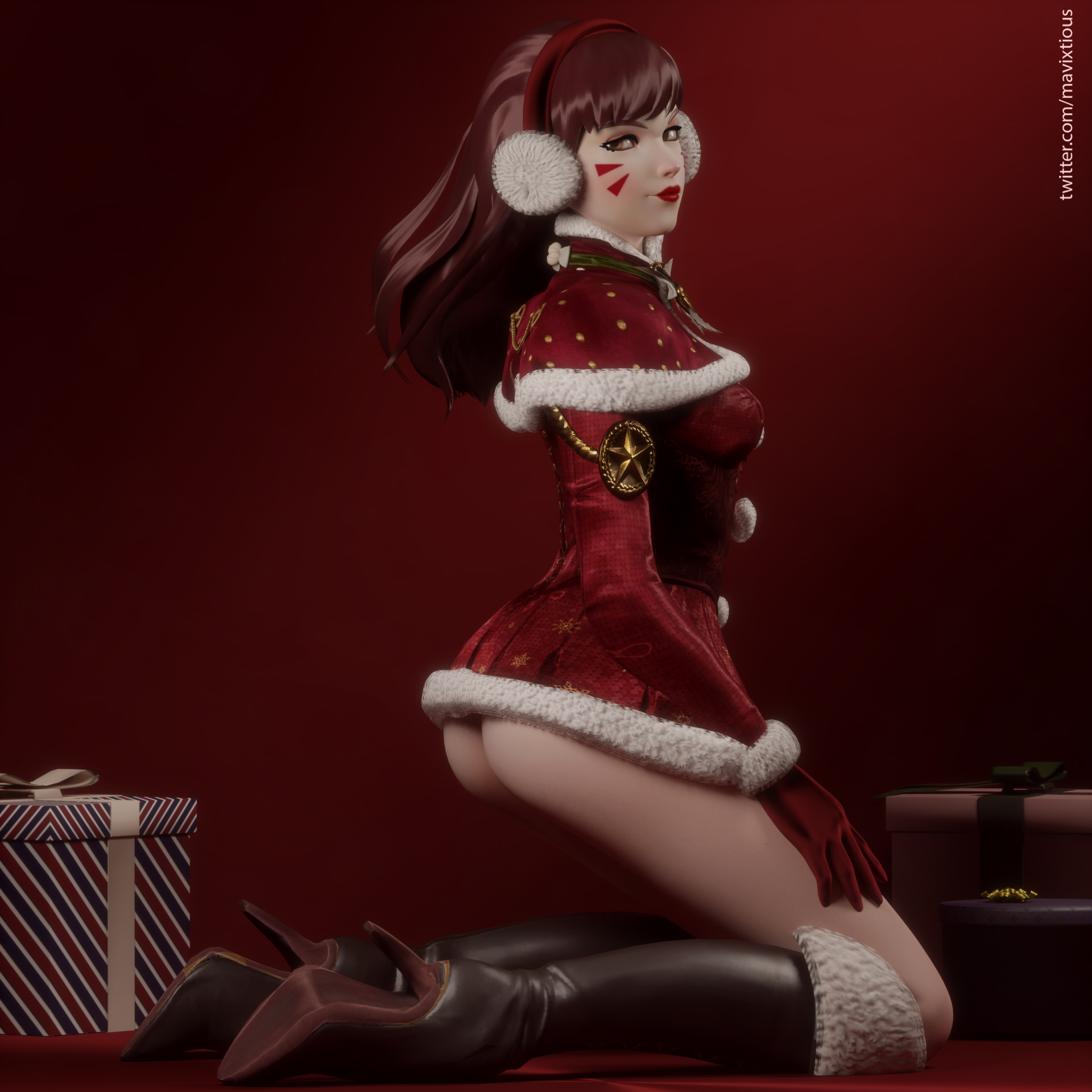 1girls, 3d, ass, christmas, d.va, female, female only, looking at viewer, looking back, mavixtious, overwatch, solo