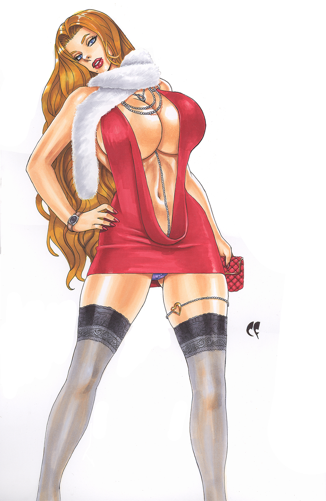 1girls, bare arms, bare shoulders, beauty mark, big breasts, bimbo, bleach, blonde hair, blue eyes, breasts, busty, chris foulkes, cleavage, cleavage dress, clothed, daikkenaurora, deep cleavage, dress, female, female only, fur scarf, hourglass figure, huge breasts, jewelry, large breasts, lipstick, long fingernails, long hair, looking at viewer, matsumoto rangiku, nail polish, navel, necklace, necklace between breasts, no bra, no bra under clothes, panties, pinup, pose, posing, purple panties, purse, revealing clothes, scarf, short dress, sideboob, solo, standing, stockings, straight hair, thick eyebrows, thick lips, thick thighs, thighlet, updress, upskirt, voluptuous, watch, wide hips, wristwatch