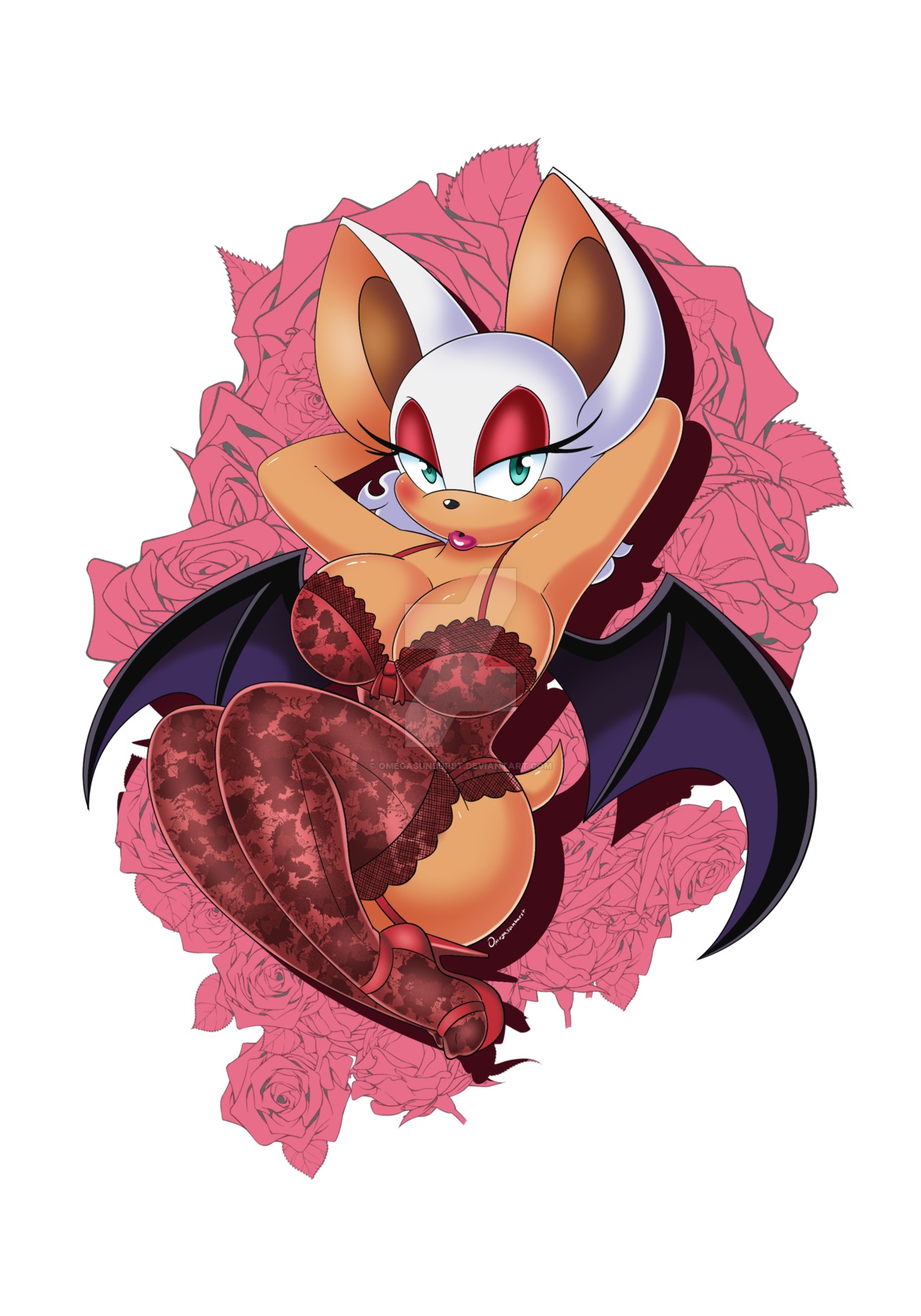 1girls, anthro, arms behind head, bat wings, bedroom eyes, blue eyes, blush, breasts, cleavage, female, female only, flower, furry, high heels, large breasts, lingerie, lips, lipstick, looking at viewer, makeup, mascara, omegasunburst, parted lips, red high heels, red legwear, red lingerie, rouge the bat, sega, sonic (series), tail, thighhighs, thighs