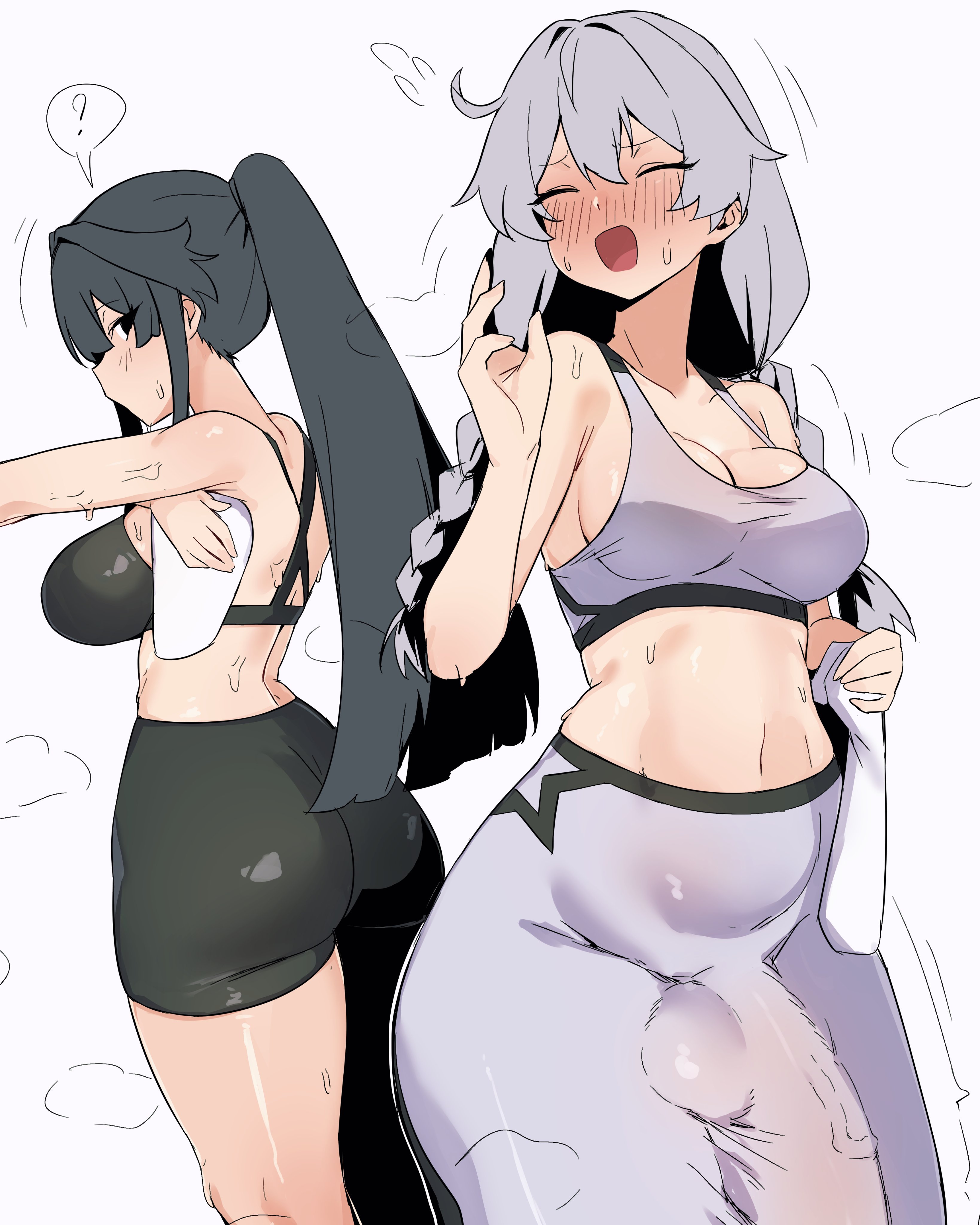 1futa, 1girls, 2025, 2d, 2d (artwork), 2d artwork, balls, ballsack, bare shoulders, belly, belly button, big ass, big breasts, big cock, big penis, black eyes, blush, blush lines, braid, braided hair, braided ponytail, braided twintails, braids, breasts, cleavage, clothed, clothing, cock, collarbone, curvaceous, curvaceous figure, curvy, curvy body, curvy figure, curvy hips, dick, duo, erect penis, erection, erection under clothes, exercise clothing, female, futa focus, futa with female, futanari, genitals, grey hair, hi res, highres, honkai (series), honkai impact 3rd, imkay 3, intersex, intersex focus, intersex/female, kiana kaslana, large cock, large penis, light skin, light-skinned female, light-skinned futa, long hair, medium breasts, navel, penis, raiden mei, silver hair, sports bra, stomach, straight hair, sweaty, testicles, thick, thick hips, thick penis, thick thighs, thighs, twintails, vein, veiny penis, voluptuous, white background, wide hips