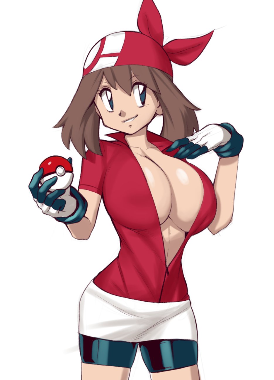 1girls, 2025, bandana, big breasts, blue eyes, breasts, brown hair, busty, cleavage, clothed, clothed female, clothing, cowboy shot, curvaceous, curvy, deep cleavage, female, front view, fully clothed, gloves, grin, hair, handwear, headwear, holding object, huge breasts, human, jacket, large breasts, light skin, light-skinned female, looking away, may (pokemon rs), may (pokemon), medium hair, open clothes, open jacket, plantpenetrator, pokeball, pokemon, pokemon rse, pose, posing, shorts, simple background, skin tight, smile, smiling, solo, spats, standing, stomach, teeth, thighs, white background, wide hips