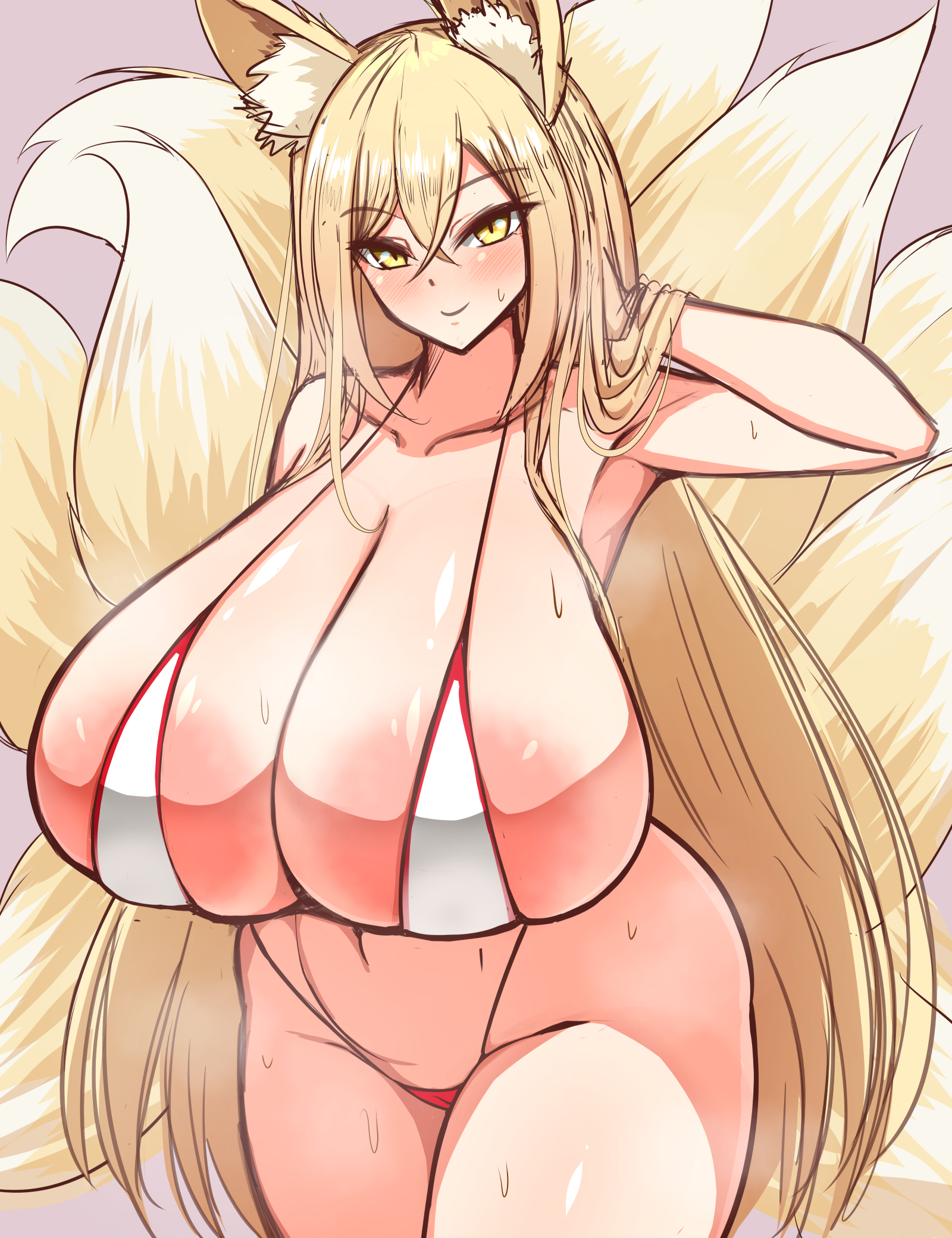 animal ear fluff, animal ears, areola slip, bikini, blonde hair, blush, breasts, cameltoe, cleavage, crossed bangs, curvy, female, fox ears, fox girl, fox tail, gigantic breasts, hair between eyes, hand in own hair, highleg, highleg bikini, highres, hirume of heavenly incense, huge breasts, itntn, kitsune, last origin, long hair, micro bikini, multiple tails, navel, pink background, red bikini, smile, solo, standing, straight hair, sweat, swimsuit, tail, thick thighs, thighs, white bikini, wide hips, yellow eyes