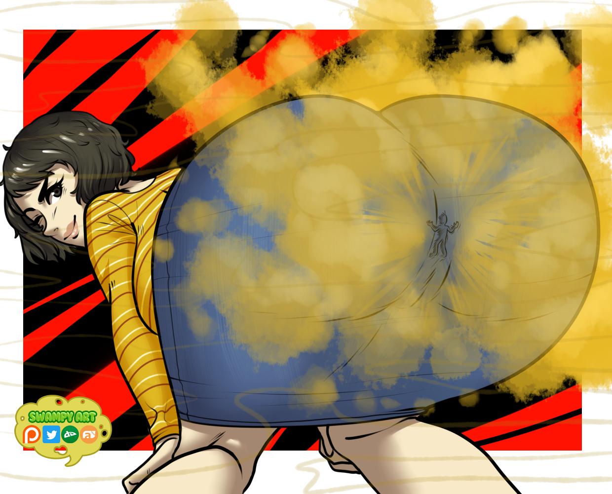 ass, ass focus, bending over, bent over, big ass, big butt, fart, fart fetish, fat ass, female, giantess, huge ass, jean skirt, larger female, male, persona 5, sadayo kawakami, skirt, smaller male, swampyart, tagme