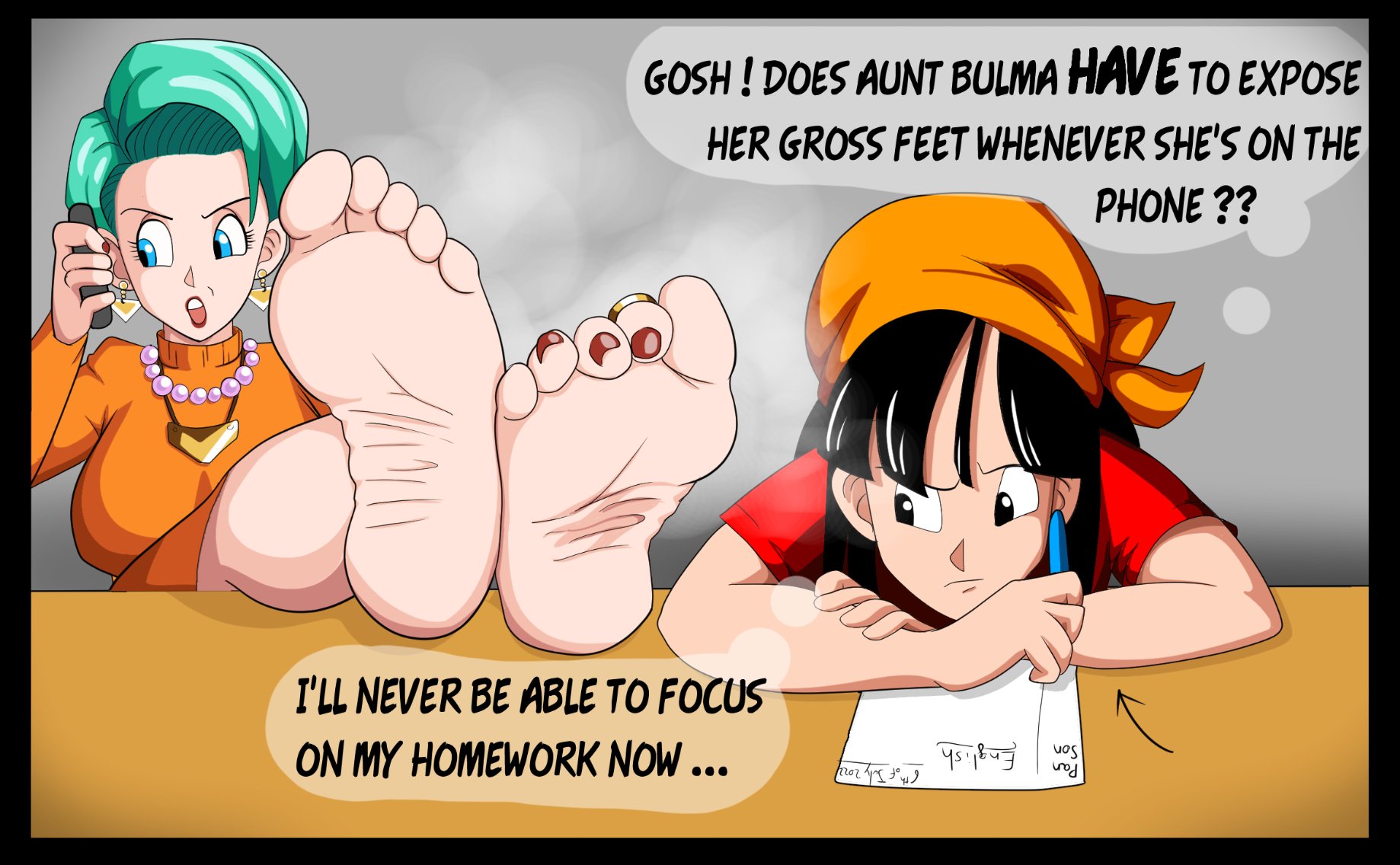 2girls, ass, barefoot, bulma briefs, dragon ball, dragon ball gt, feet, female, foot fetish, lord-mightyf, mature woman, milf, pan (dragon ball), soles, yuri