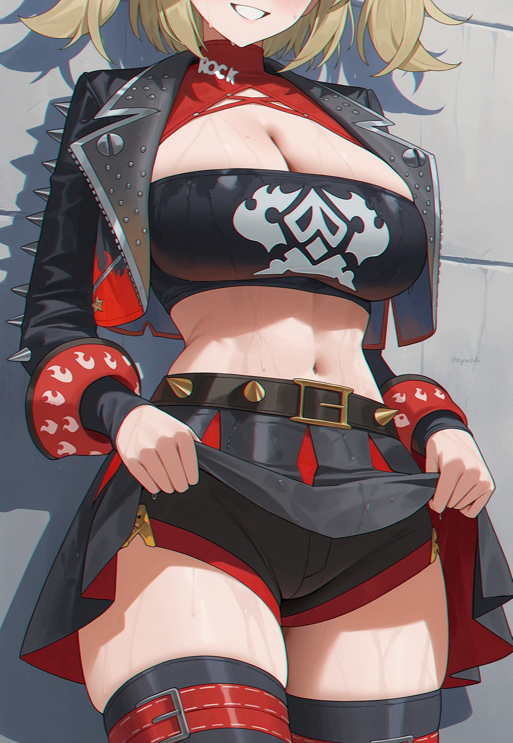1girls, ai generated, belt, big breasts, black shorts, blonde hair, breasts, burnice white, cleavage, female, gayuchi, grin, jacket, large breasts, long sleeves, midriff, navel, shorts, skirt lift, skirt lifted by self, skirt up, smile, solo, sweat, thick thighs, thighhighs, thighs, twintails, zenless zone zero