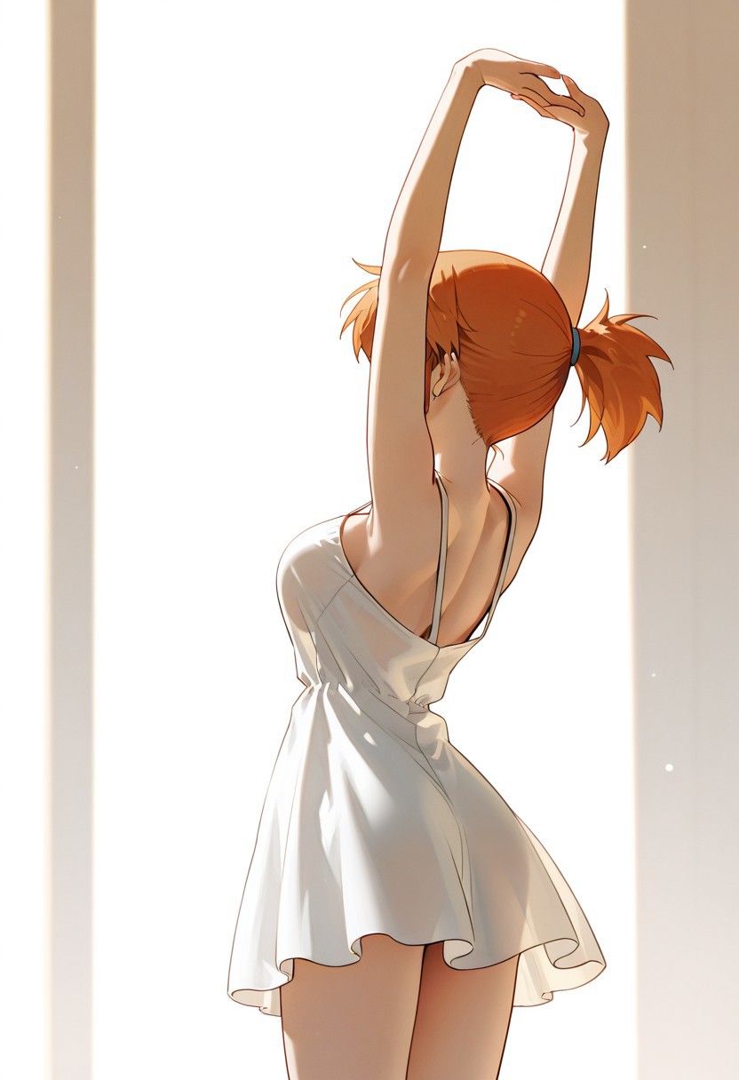 ai generated, armpits, arms up, ass, asymmetrical hair, back, bare shoulders, breasts, clothing, dress, facing away, female, from behind, hair tie, interlocked fingers, kasumi (pokemon), large breasts, medium breasts, misty (pokemon), nape, orange hair, pokemon, ponytail, see-through, see-through dress, see-through silhouette, short dress, short hair, short ponytail, shoulder blades, side ponytail, sideboob, sleeveless, sleeveless dress, spaghetti strap, standing, strap gap, stretch, sundress, thighs, tied hair, white dress