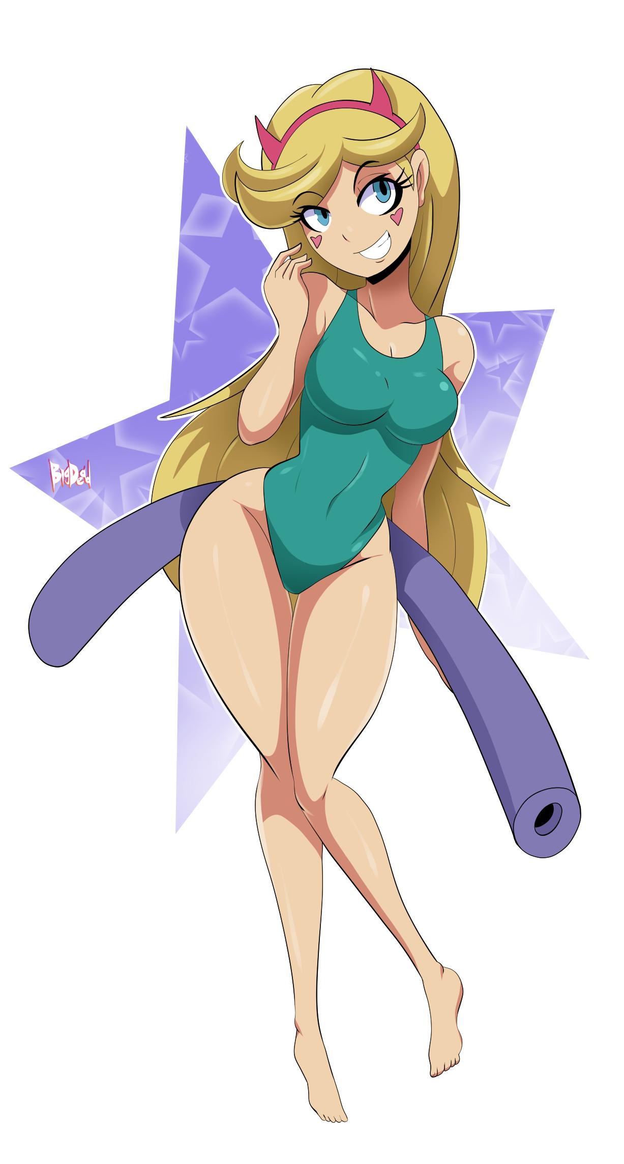 1girls, big breasts, bigdeadalive, blonde hair, blue eyes, breasts, busty, cleavage, curvy, disney, eyebrows visible through hair, feet, female, female only, fit, heart, human, legs, one-piece swimsuit, smile, solo, star butterfly, star vs the forces of evil, swimsuit, teenager, thick thighs, thighs, very long hair, wide hips