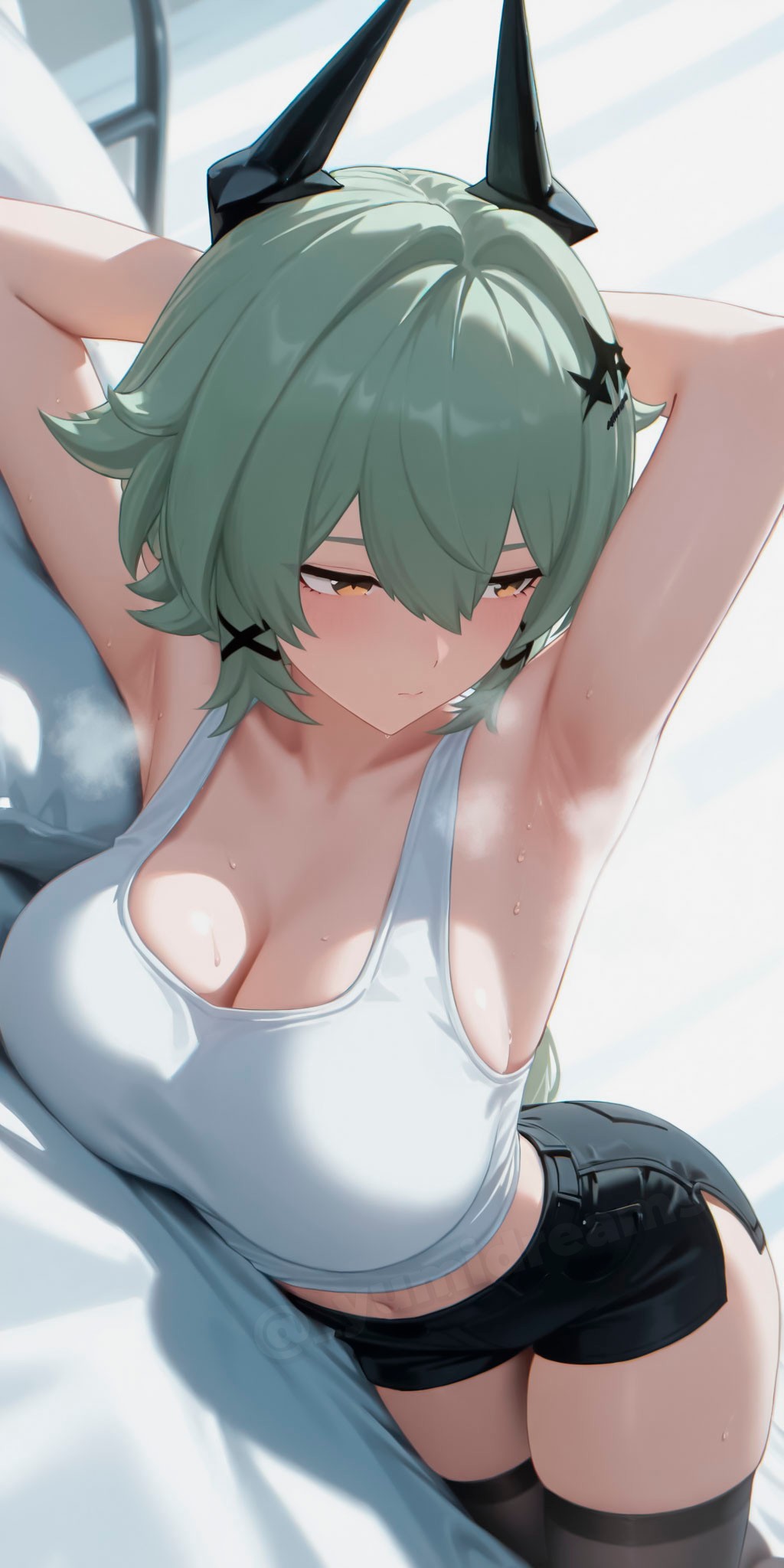  yumidreams, ai generated, armpit, armpit fetish, armpit focus, armpit peek, armpits, bedroom, black horn, black thighhighs, breasts, caesar king, caesar king (zenless zone zero), cleavage, green hair, horns, large breasts, on bed, on side, ponytail, short shorts, shorts, side slit, smell, smell fetish, sweat, sweaty, sweaty armpits, thighhighs, white tank top, yellow eyes, zenless zone zero
